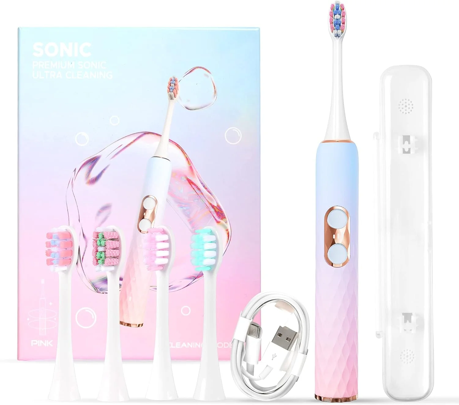 مسواک برقی صوتی بزرگسالان DYCROL با 4 سری مسواک و کیف مسافرتی، شارژ سریع 2 ساعته برای 60 روز، 9 حالت قابل تنظیم تایمر هوشمند 2 دقیقه ای داخلی IP7 ضد آب 41000 VPM تمیز کننده عمیق