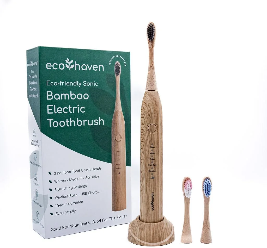 مسواک برقی سونیک بامبو پایدار Ecohaven - 3 سر قابل بازیافت - 5 حالت تمیز کردن - شارژر USB Type C - دسته ضد آب - عمر باتری 5 هفته - سبک وزن - سازگار با محیط زیست