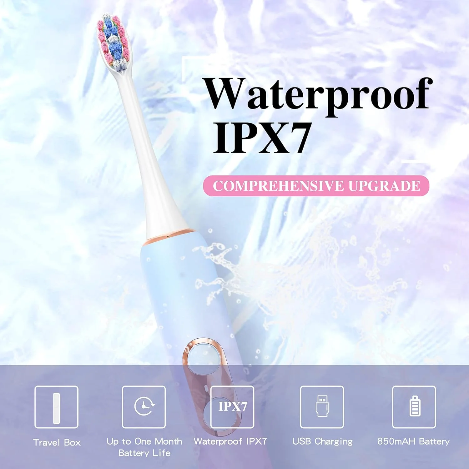مسواک برقی صوتی بزرگسالان DYCROL با 4 سری مسواک و کیف مسافرتی، شارژ سریع 2 ساعته برای 60 روز، 9 حالت قابل تنظیم تایمر هوشمند 2 دقیقه ای داخلی IP7 ضد آب 41000 VPM تمیز کننده عمیق