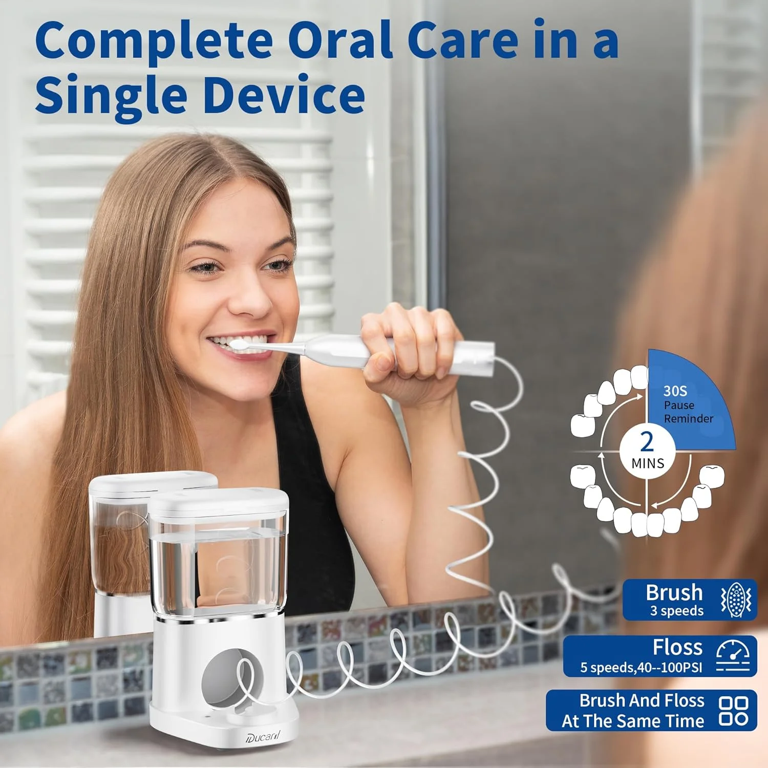 مسواک برقی دوکارد با نخ دندان آبی، 3 حالت مسواک صوتی و 5 سرعت نخ دندان آبی، ترکیبی از مسواک نخ دندان برای تمیز کردن دندان ها و از بین بردن پلاک با 4 سری جایگزین، سفید نقره ای مسواک برقی دوکارد با نخ دندان آبی، 3 حالت مسواک صوتی و 5 سرعت نخ دندان آبی، ترکیبی از مسواک نخ دندان برای تمیز کردن دندان ها و از بین بردن پلاک با 4 سری جایگزین، سفید نقره ای