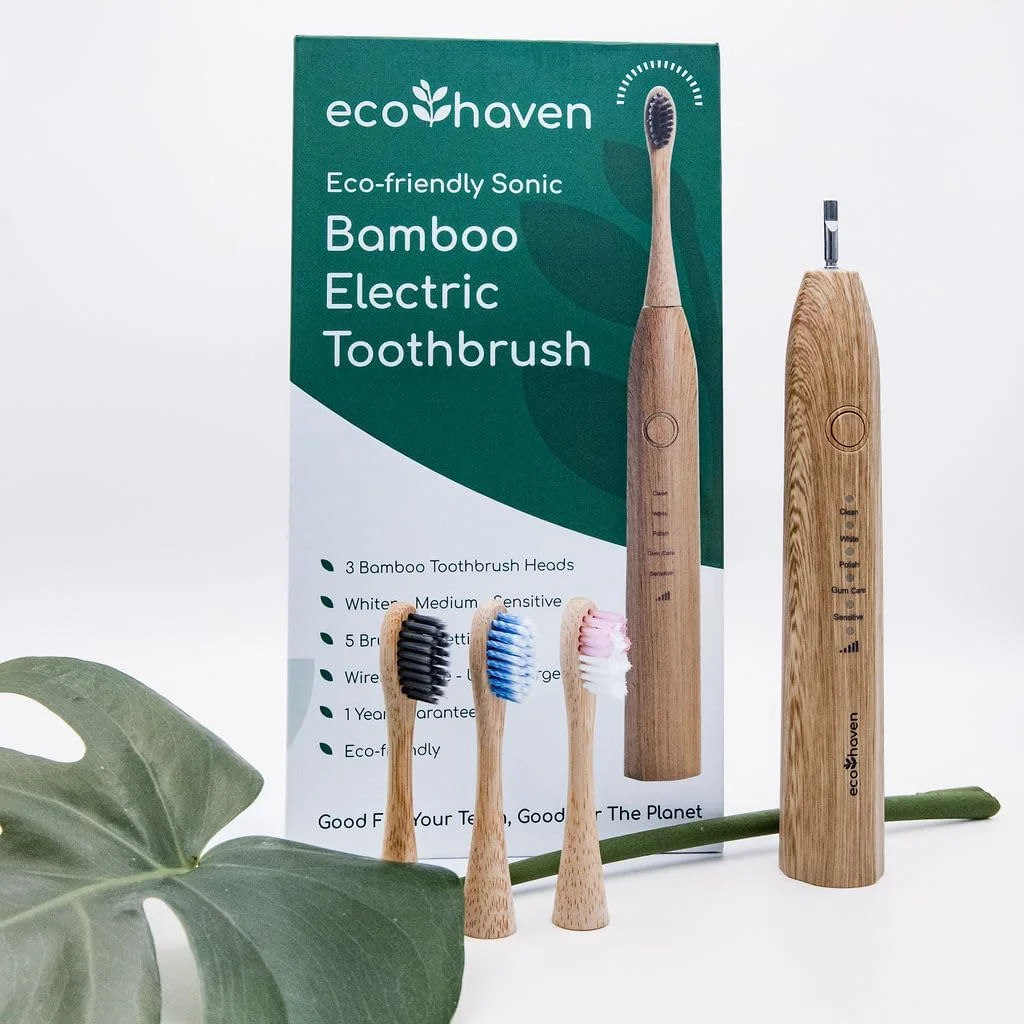 مسواک برقی سونیک بامبو پایدار Ecohaven - 3 سر قابل بازیافت - 5 حالت تمیز کردن - شارژر USB Type C - دسته ضد آب - عمر باتری 5 هفته - سبک وزن - سازگار با محیط زیست مسواک برقی سونیک بامبو پایدار Ecohaven - 3 سر قابل بازیافت - 5 حالت تمیز کردن - شارژر USB Type C - دسته ضد آب - عمر باتری 5 هفته - سبک وزن - سازگار با محیط زیست