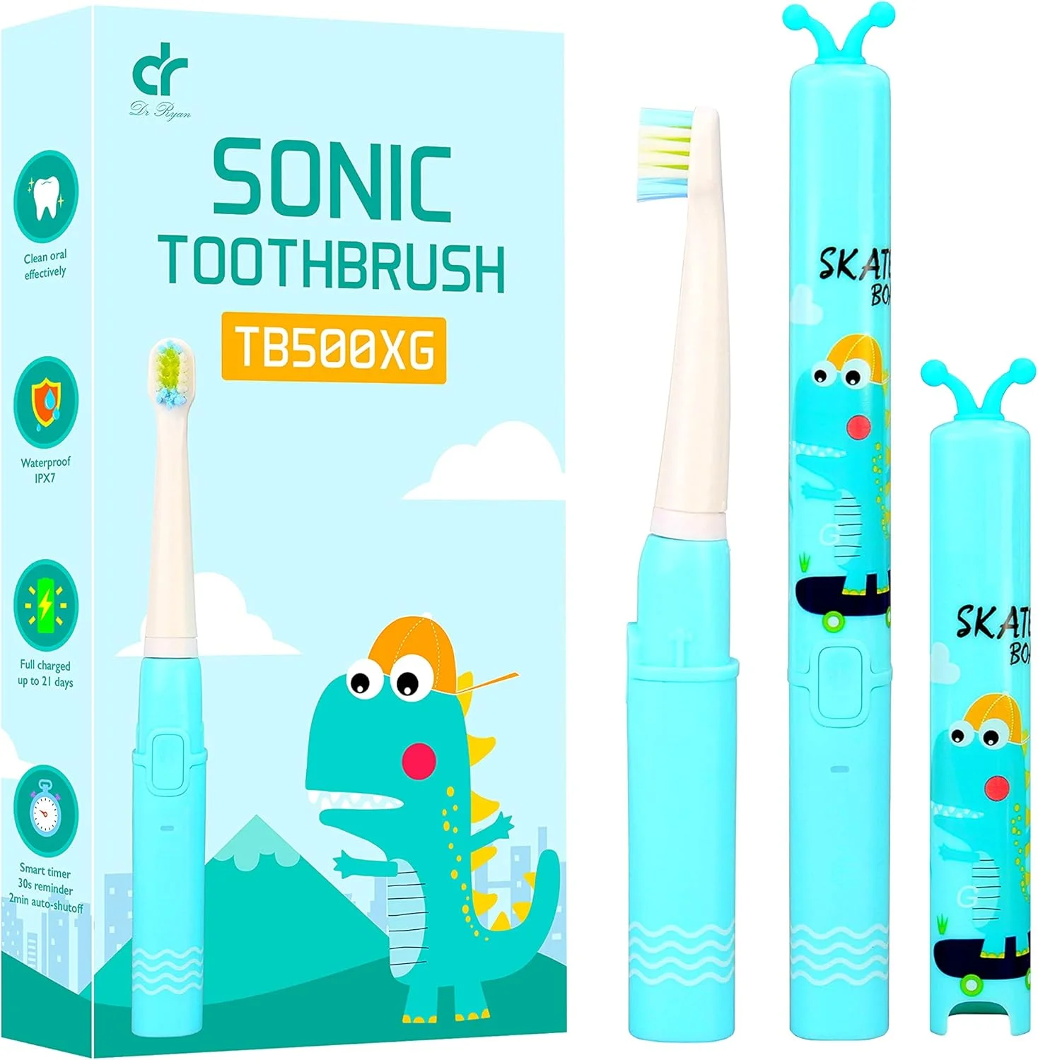 مسواک برقی سونیک شارژی کودکانه دکتر رایان با برس های بسیار نرم، تمیز کننده نرم زبان، تایمر هوشمند و 3 حالت