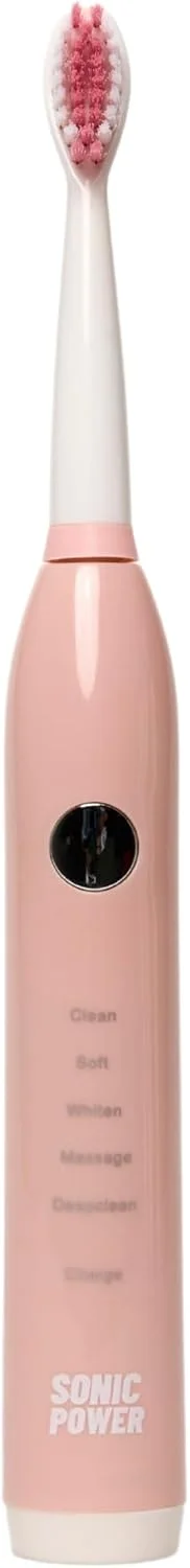 کیت مسواک برقی SonicPower، فوق العاده قابل حمل و سبک با 5 حالت تمیز کردن، شامل سری های برس برای یک سال، باتری قابل شارژ، پایه آینه و درپوش مسافرتی (صورتی)