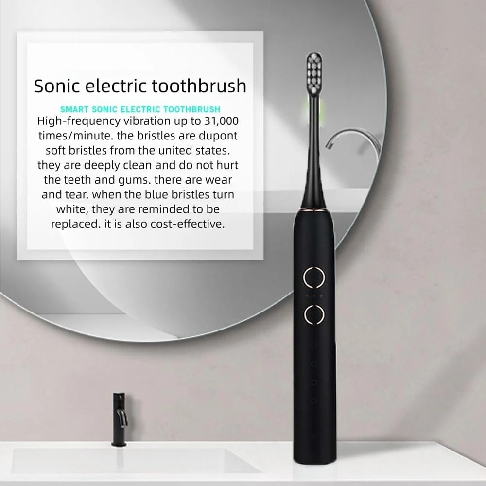 مسواک برقی صوتی بزرگسالان اوگر، مسواک برقی قابل شارژ، 4 حالت کاری، 3 سطح تنظیم قدرت، دارای 4 سری مسواک صوتی، IPX7، تایمر هوشمند، رنگ مشکی