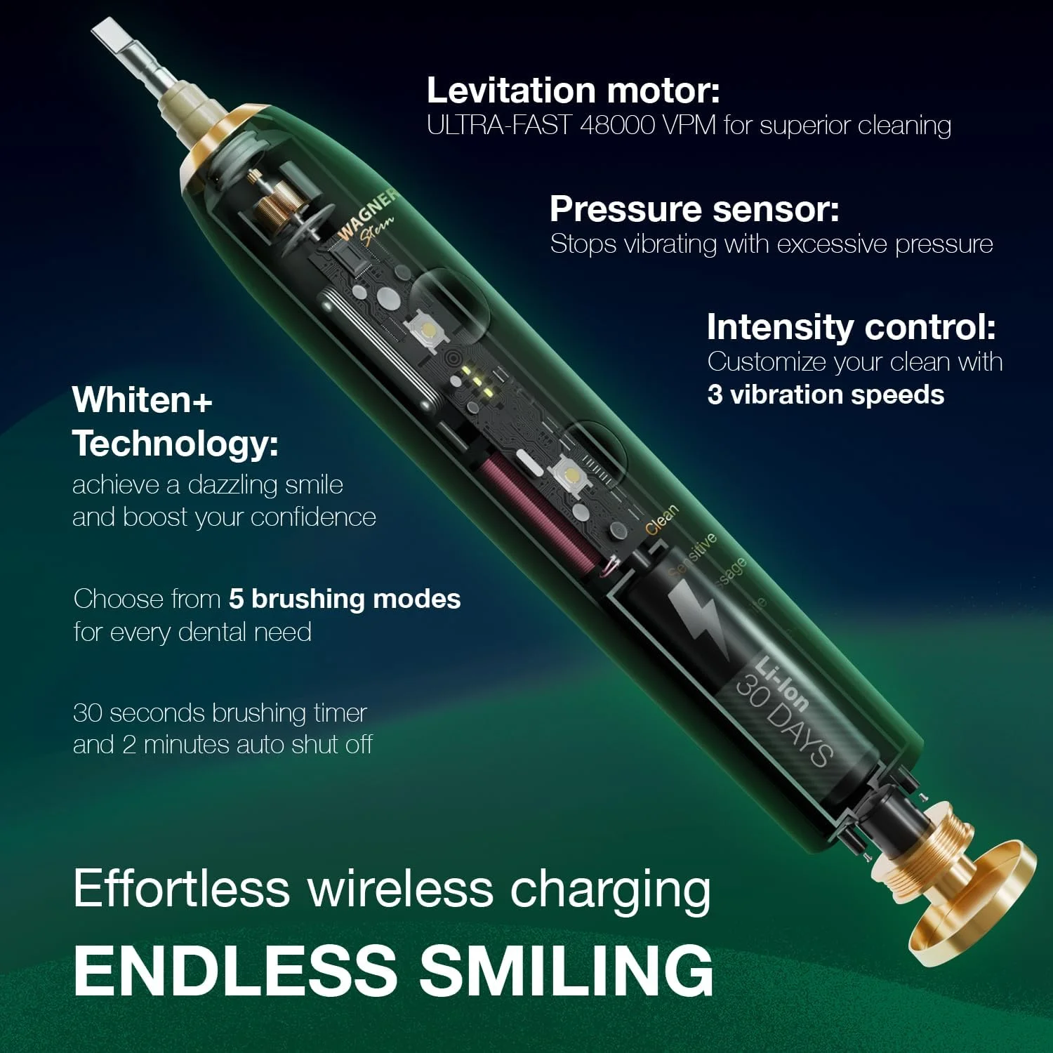 مسواک برقی واگنر اشترن مدل WHITEN+ Edition. مسواک برقی سفید کننده با سنسور فشار. دارای 5 حالت مسواک زدن، 3 شدت، 8 سر برس نرم و یک کیف مسافرتی لوکس.
