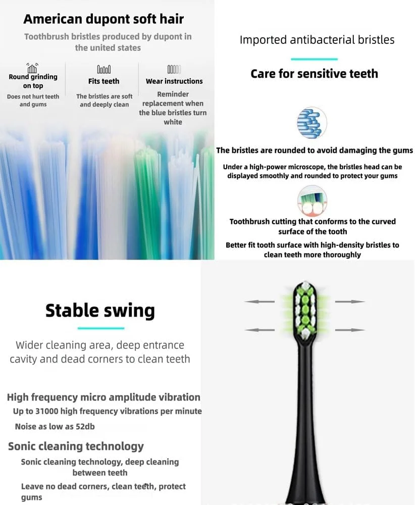 مسواک برقی صوتی بزرگسالان اوگر، مسواک برقی قابل شارژ، 4 حالت کاری، 3 سطح تنظیم قدرت، دارای 4 سری مسواک صوتی، IPX7، تایمر هوشمند، رنگ مشکی