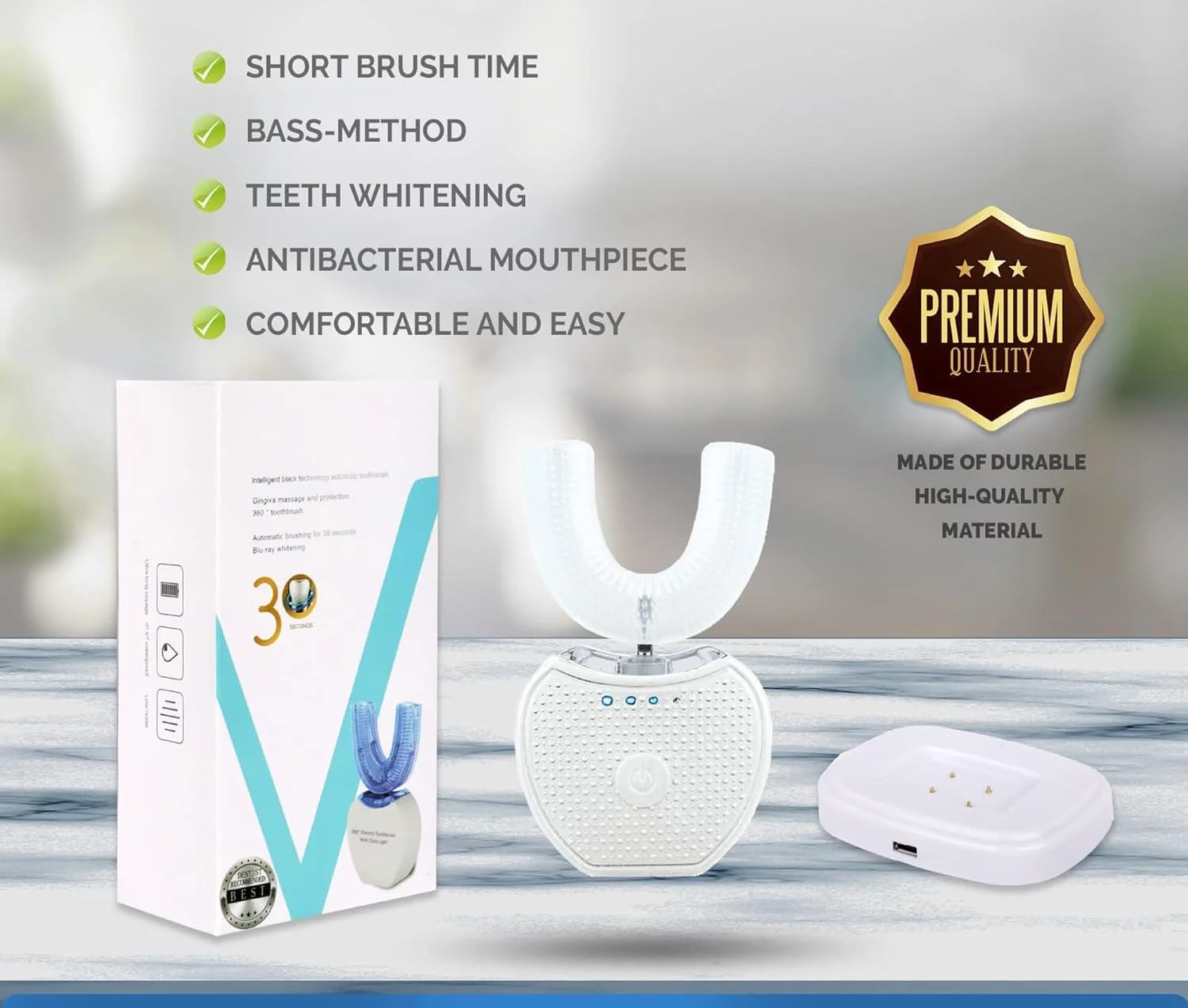 مسواک اولتراسونیک U شکل با نور سفید کننده LED - تمیز کننده دندان برقی 360 درجه بدون دخالت دست، مسواک اتوماتیک قابل شارژ برای بزرگسالان