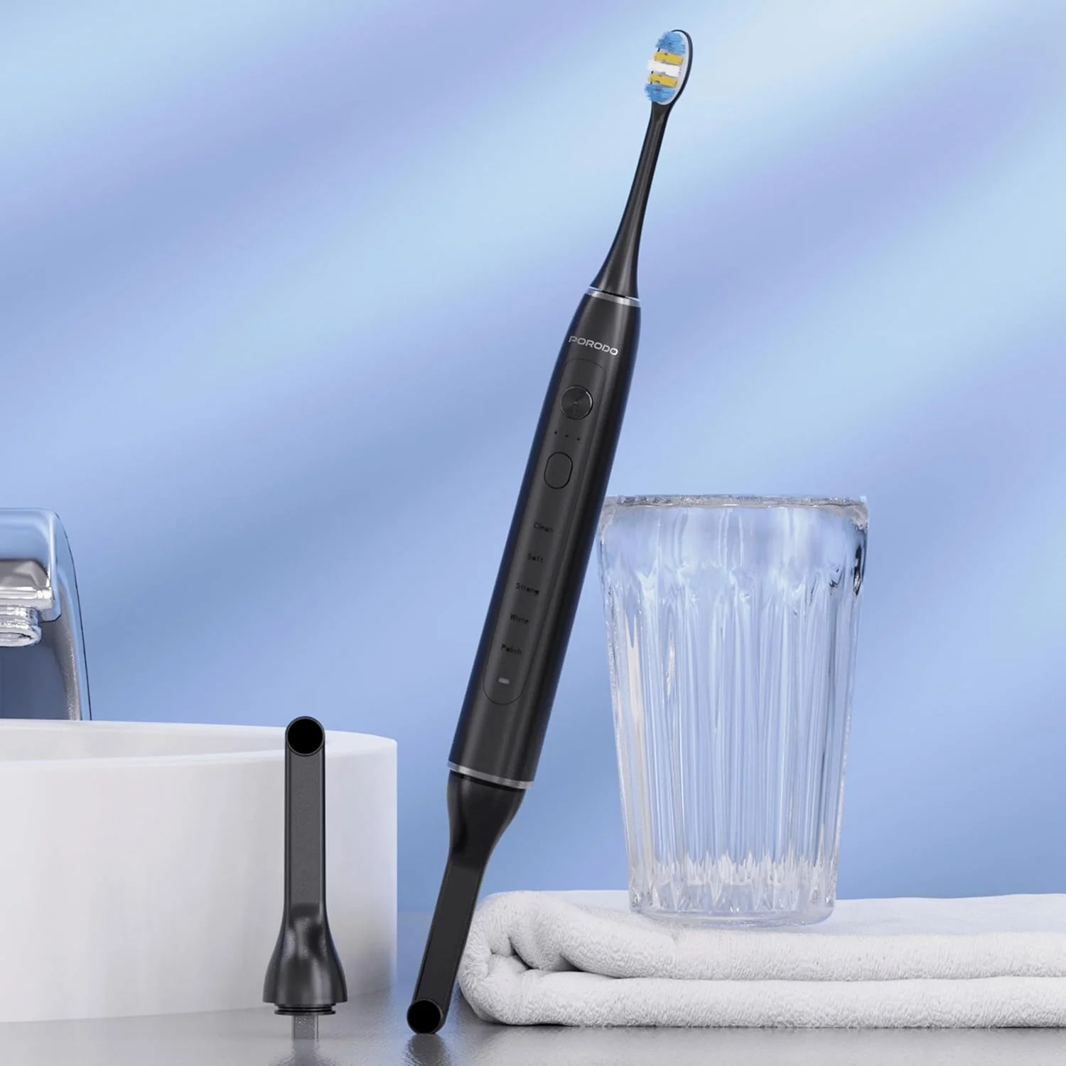 مسواک برقی هوشمند سونیک Porodo Lifestyle با دوربین زنده، 40 روز زمان کارکرد، ضد آب IPX7، 40000 ضربه در دقیقه، 5 حالت مراقبت از دهان، تایمر هوشمند مسواک زدن، کنترل از طریق اپلیکیشن - مشکی