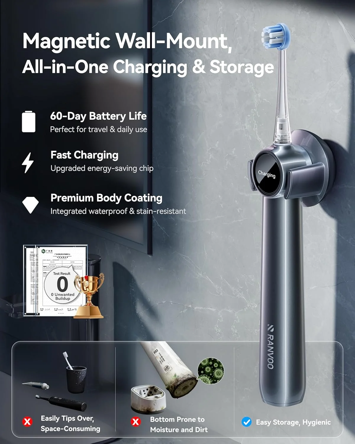 مسواک برقی صوتی RANVOO AirJet II [جت کلین ارتقا یافته]، حذف 100% پلاک، سفید، مناسب بزرگسالان، محافظت از لثه، تمیز کننده دندان های ارتودنسی، قابل شارژ، به همراه 3 سری برس حرفه ای، خاکستری