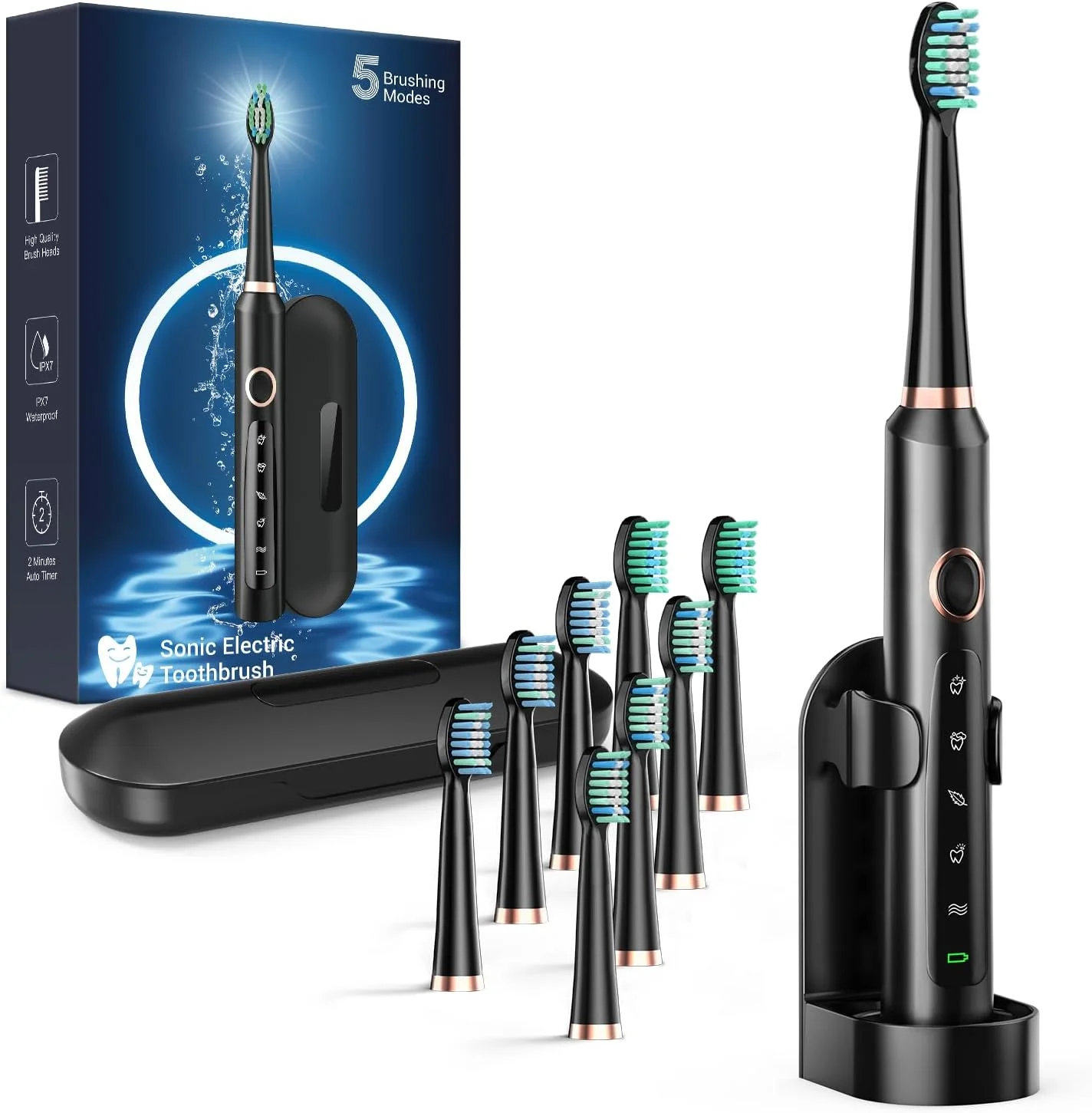 مسواک برقی بزرگسالان Rtauys، دارای 8 سری مسواک و کیف مسافرتی، 5 حالت با تایمر هوشمند 2 دقیقه ای داخلی، یک بار شارژ برای 60 روز، موتور 41000 VPM (مشکی)