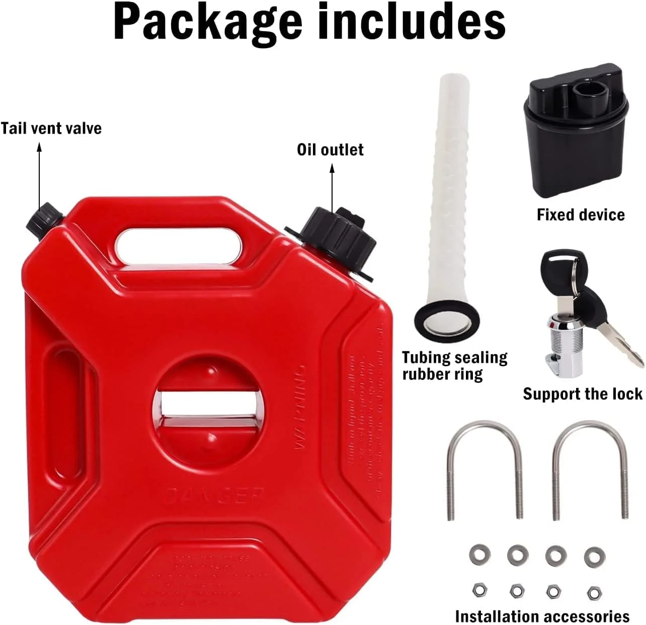 مخزن سوخت 5 لیتری GH GENERIC HUB با براکت نصب و قفل، مخزن ذخیره بنزین و روغن 5 لیتری برای خودروهای شاسی بلند، موتورسیکلت، ATV (قرمز)