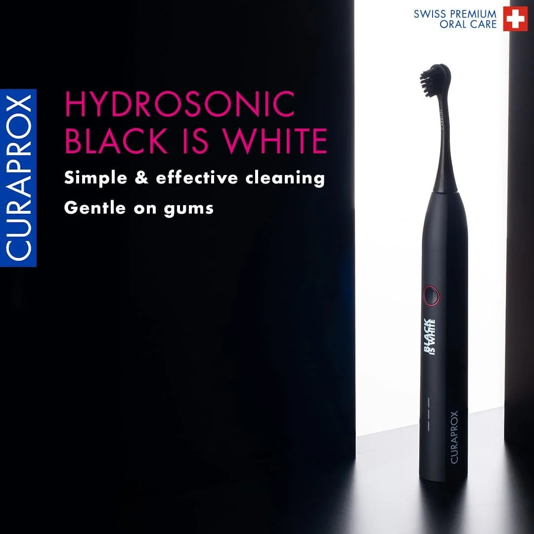 مسواک برقی بزرگسالان Curaprox Hydrosonic Black Is White با 3 سطح تمیز کنندگی هیدروسونیک - قابل شارژ مسواک برقی بزرگسالان Curaprox Hydrosonic Black Is White با 3 سطح تمیز کنندگی هیدروسونیک - قابل شارژ