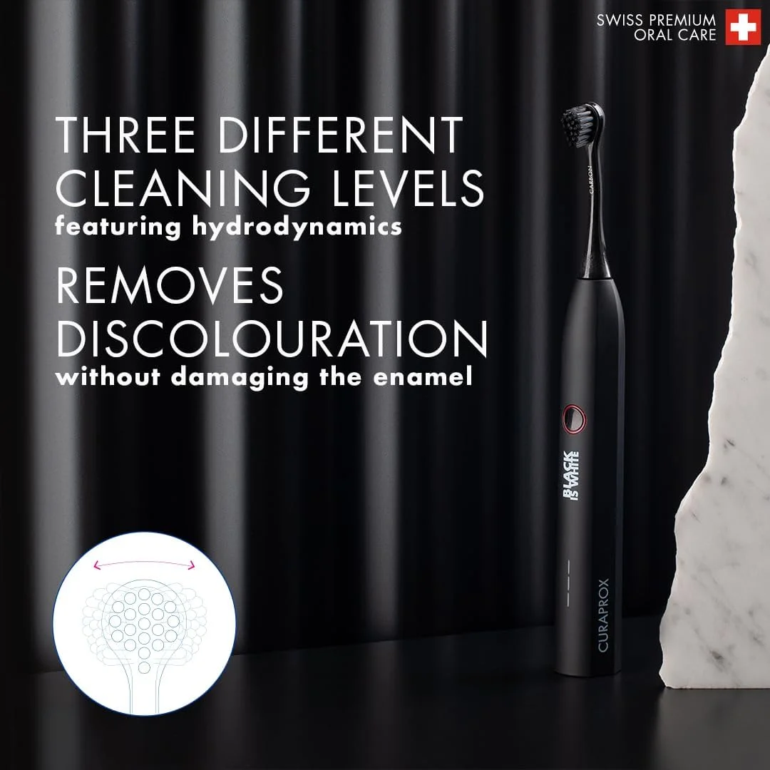 مسواک برقی بزرگسالان Curaprox Hydrosonic Black Is White با 3 سطح تمیز کنندگی هیدروسونیک - قابل شارژ مسواک برقی بزرگسالان Curaprox Hydrosonic Black Is White با 3 سطح تمیز کنندگی هیدروسونیک - قابل شارژ