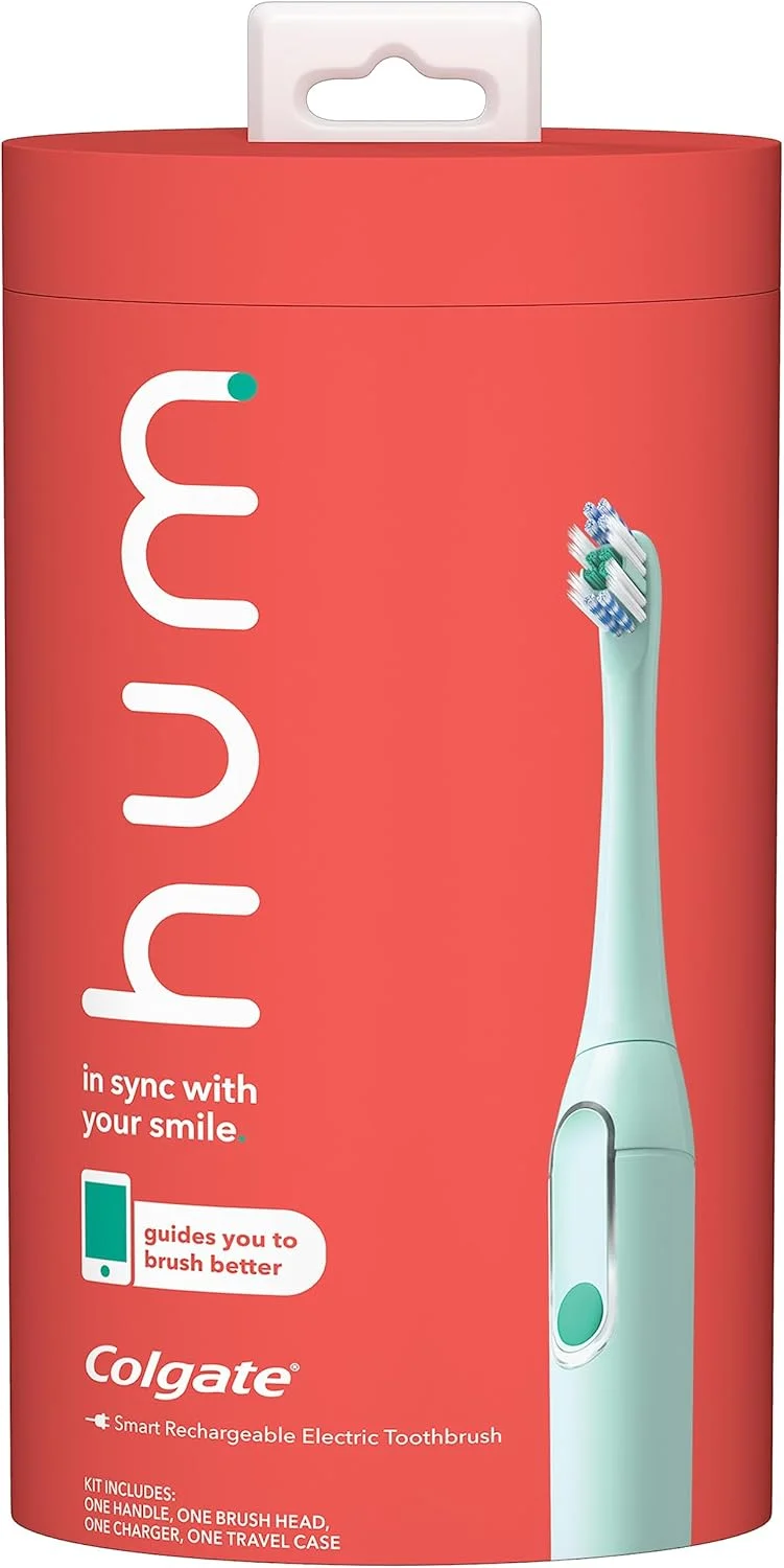 کیت مسواک برقی هوشمند Colgate hum، مسواک صوتی قابل شارژ با کیف مسافرتی و سری یدکی اضافی، آبی فیروزه ای