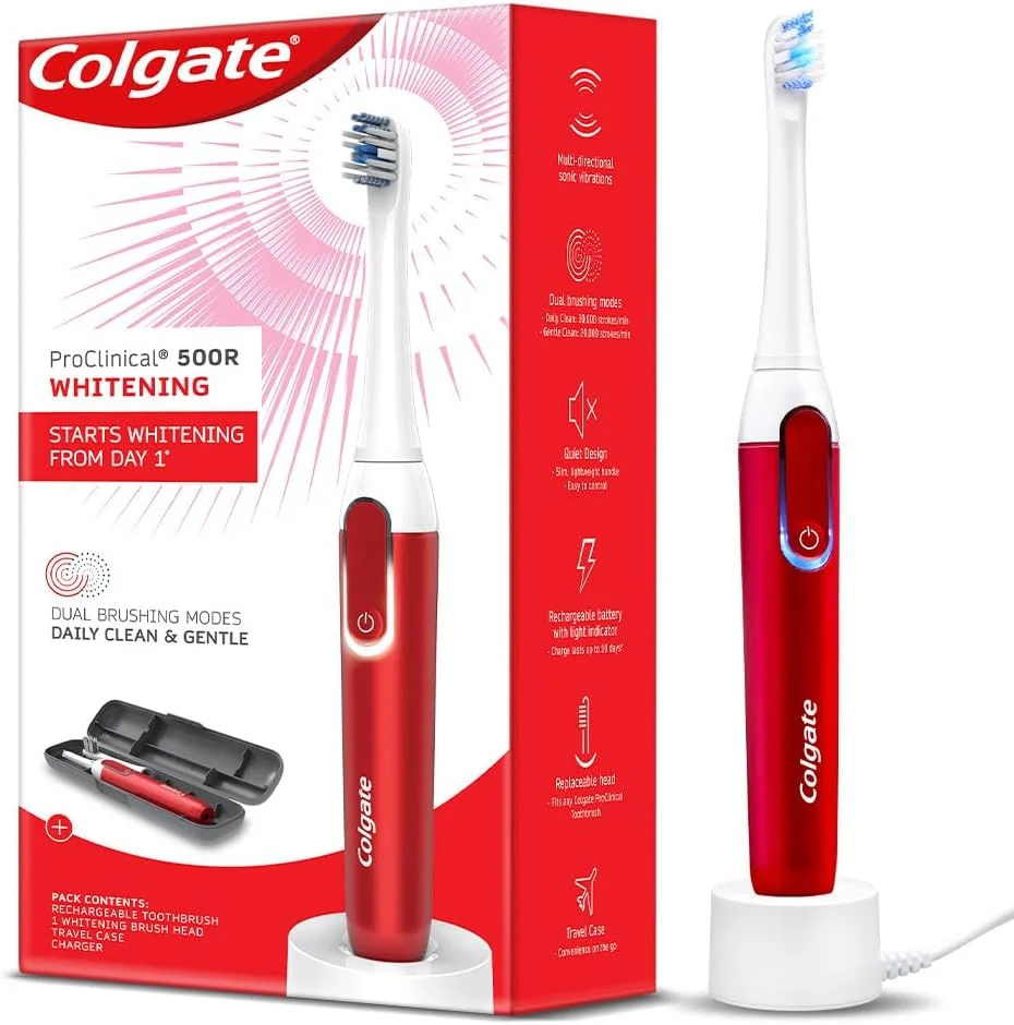 مسواک برقی شارژی سونیک سفید کننده Colgate Proclinical 500R، مسواک برقی با برس های نرم و مارپیچ، حالت مسواک زدن دوگانه (همراه با سر برس قابل تعویض، شارژر و کیف مسافرتی)
