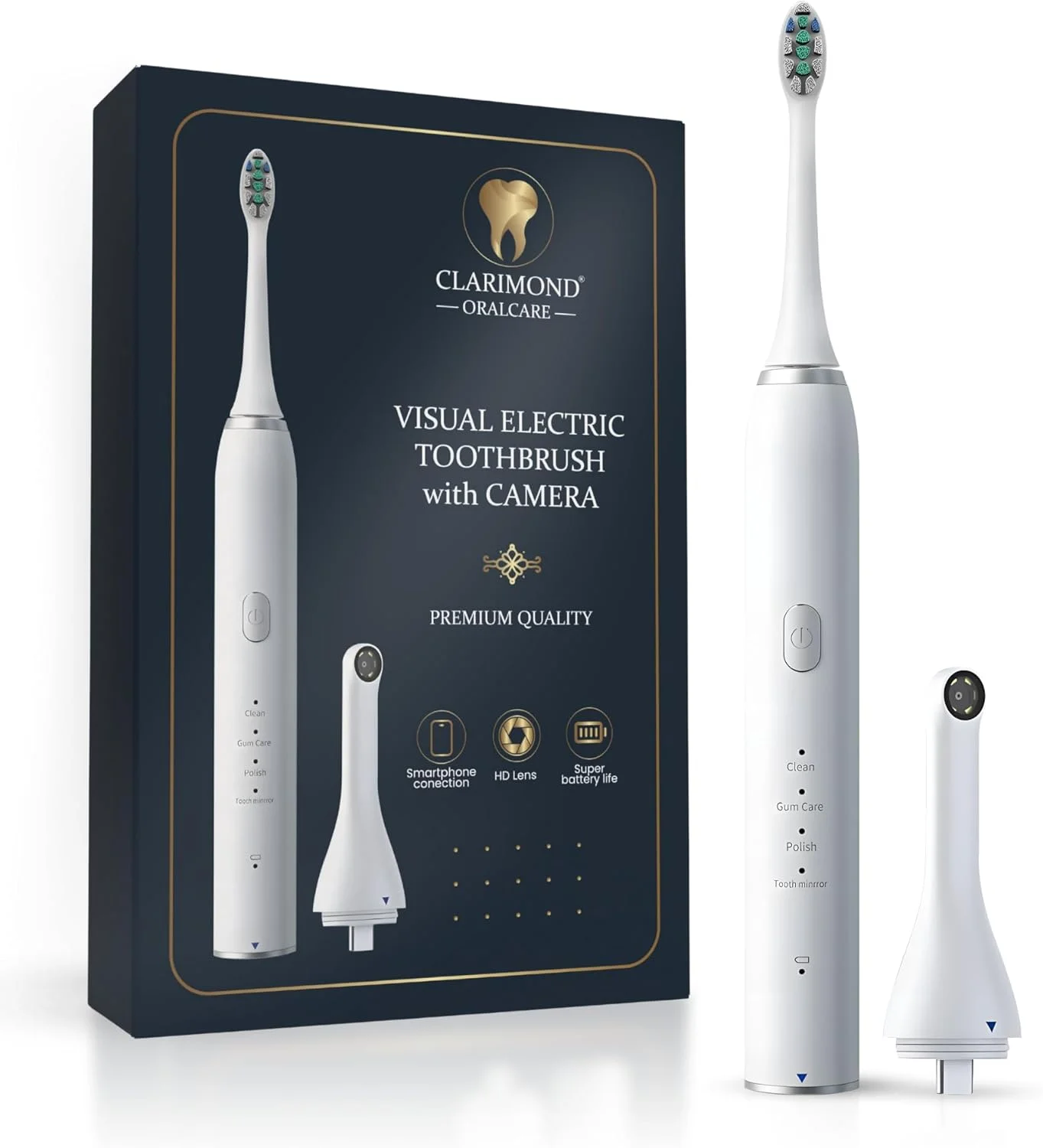 Clarimond White Ultimate Edition Advanced Deep Clean Electric Toothbrush with HD Camera, Type-C Charging, IPX7 Waterproof, Long Battery Life, Smart Timer, Multiple Modes, 3 Dupont Brush Heads