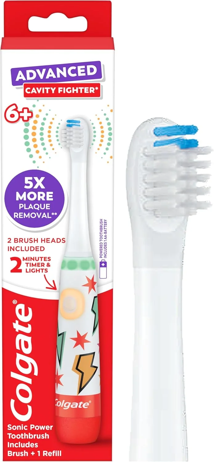 Colgate Advanced Cavity Fighter Kids Battery Toothbrush, Includes AA Battery and Extra Toothbrush Head, Features Built-in Timer and 2 Brushing Modes, for Children Ages 6 and Up