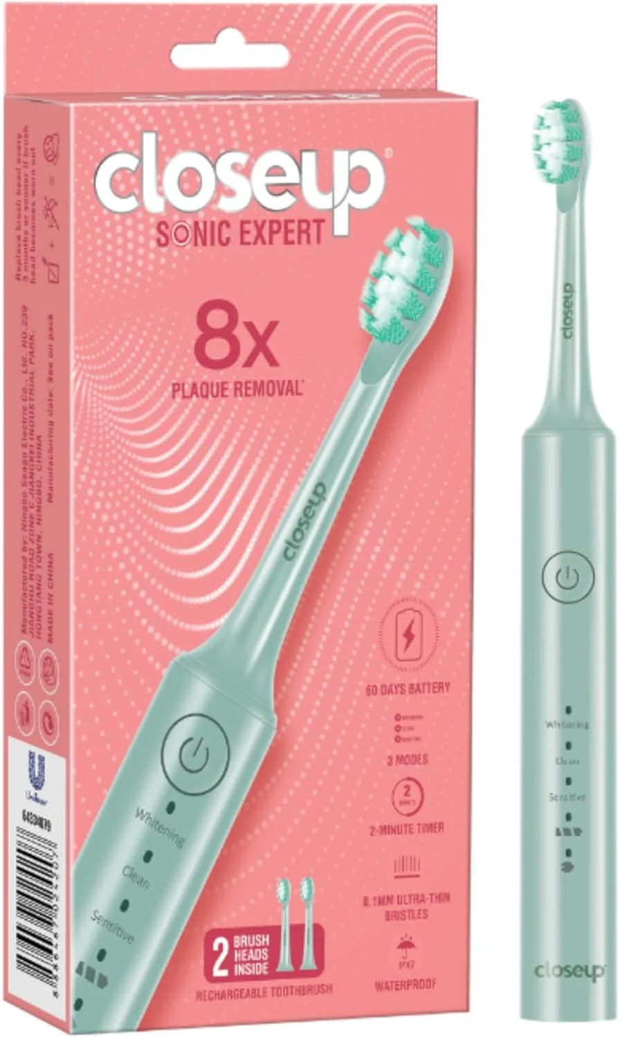 مسواک برقی شارژی کلوزآپ Sonic Expert سبز، ضد آب، با قدرت 8 برابر در حذف پلاک، سفید کننده و تمیز کننده، مناسب برای دندان های حساس، 1 عدد