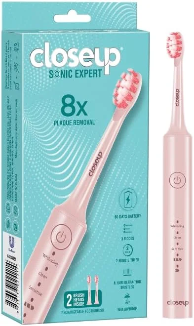 مسواک برقی شارژی کلوزآپ Sonic Expert صورتی، ضد آب، با قدرت ۸ برابر در حذف پلاک، سفید کننده و تمیز کننده، مناسب برای دندان های حساس، ۱ عدد