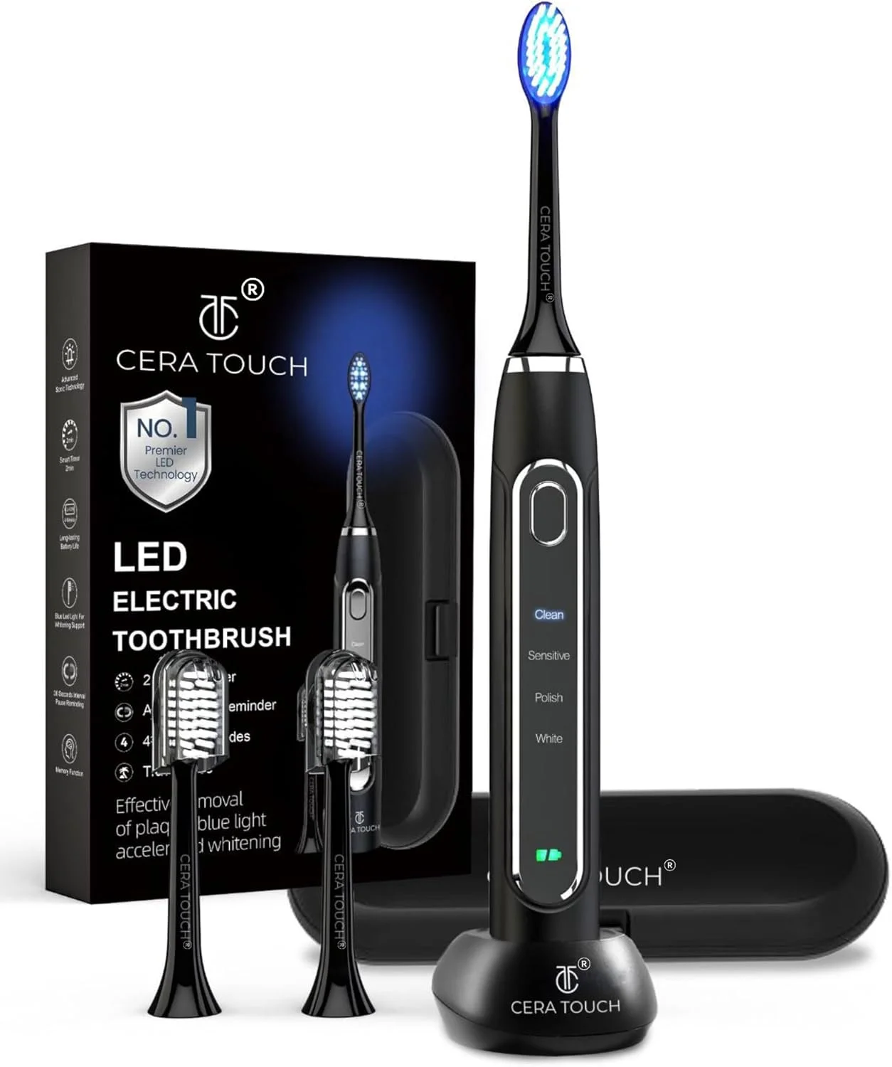 مسواک برقی سفید کننده CERA TOUCH 6 با LED آبی | مسواک برقی برای بزرگسالان | 4 حالت با تایمر هوشمند، حذف پلاک و عملکرد حافظه | 2 سری | ضد آب IPX7 | کیف مسافرتی | شارژر بی سیم