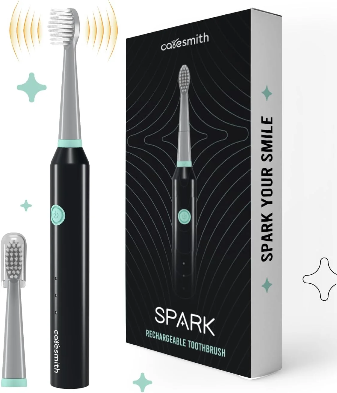 مسواک برقی شارژی بزرگسال CARESMITH Spark | دارای 6 حالت عملکرد | 40000 لرزش در دقیقه | 2 سری برس (مشکی)، بسته 1 عددی