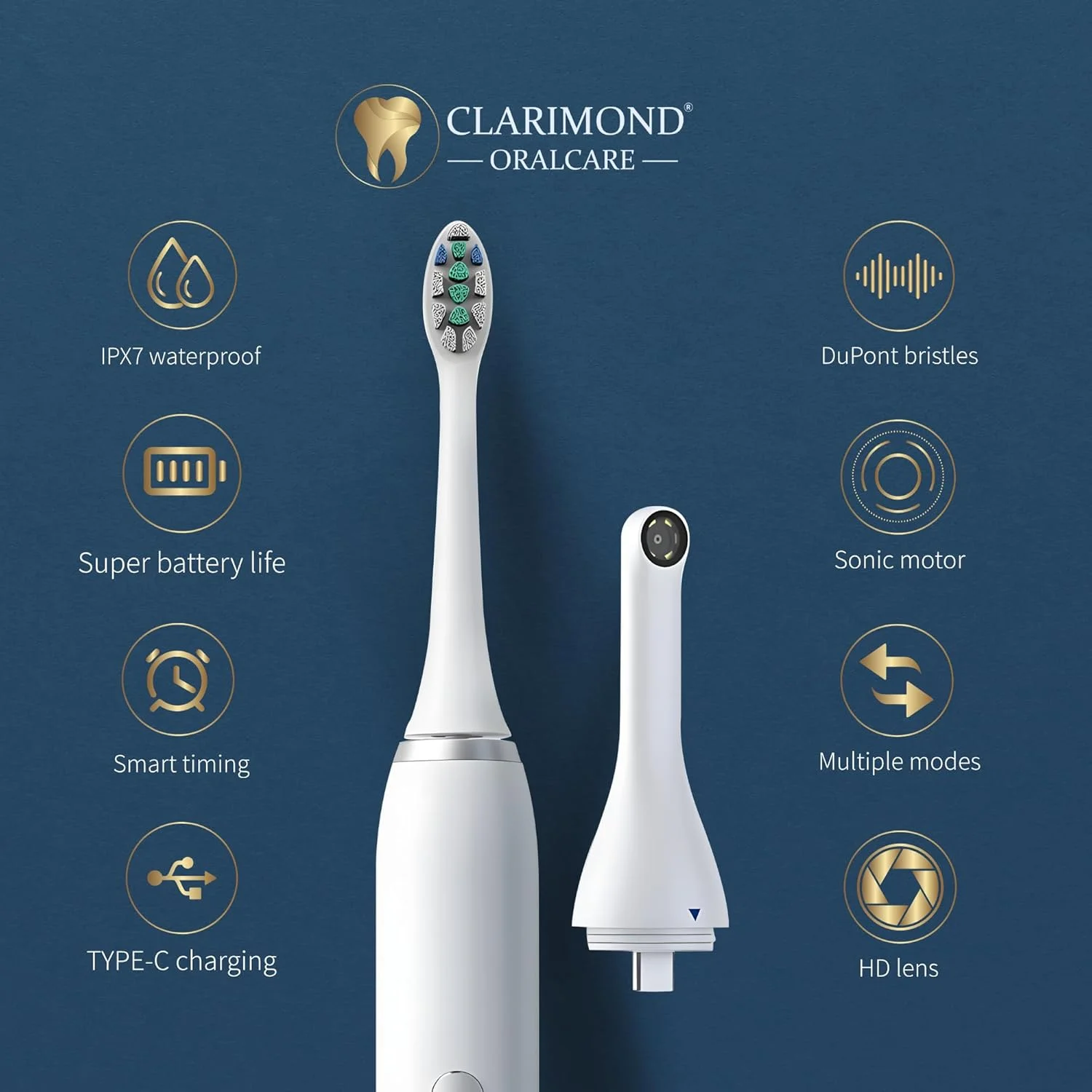 Clarimond White Ultimate Edition Advanced Deep Clean Electric Toothbrush with HD Camera, Type-C Charging, IPX7 Waterproof, Long Battery Life, Smart Timer, Multiple Modes, 3 Dupont Brush Heads Clarimond White Ultimate Edition Advanced Deep Clean Electric Toothbrush with HD Camera, Type-C Charging, IPX7 Waterproof, Long Battery Life, Smart Timer, Multiple Modes, 3 Dupont Brush Heads