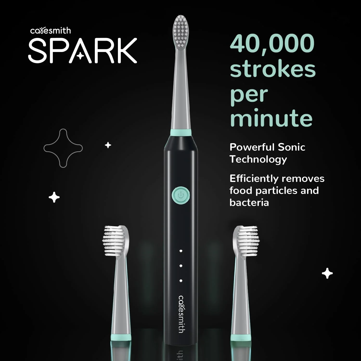 مسواک برقی شارژی بزرگسال CARESMITH Spark | دارای 6 حالت عملکرد | 40000 لرزش در دقیقه | 2 سری برس (مشکی)، بسته 1 عددی مسواک برقی شارژی بزرگسال CARESMITH Spark | دارای 6 حالت عملکرد | 40000 لرزش در دقیقه | 2 سری برس (مشکی)، بسته 1 عددی
