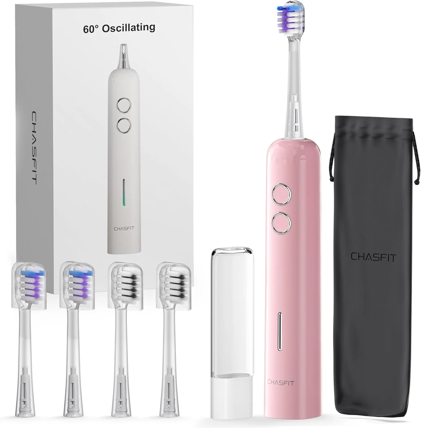 مسواک برقی نوسانی Chasfit BASS-Brushing 60°، قابل شارژ، مناسب بزرگسالان، نوجوانان و مسافرت، دارای برس نرم، از بین برنده 10 برابر پلاک، عمر باتری 110 روزه، 4 سری قابل تعویض، IPX7، صورتی