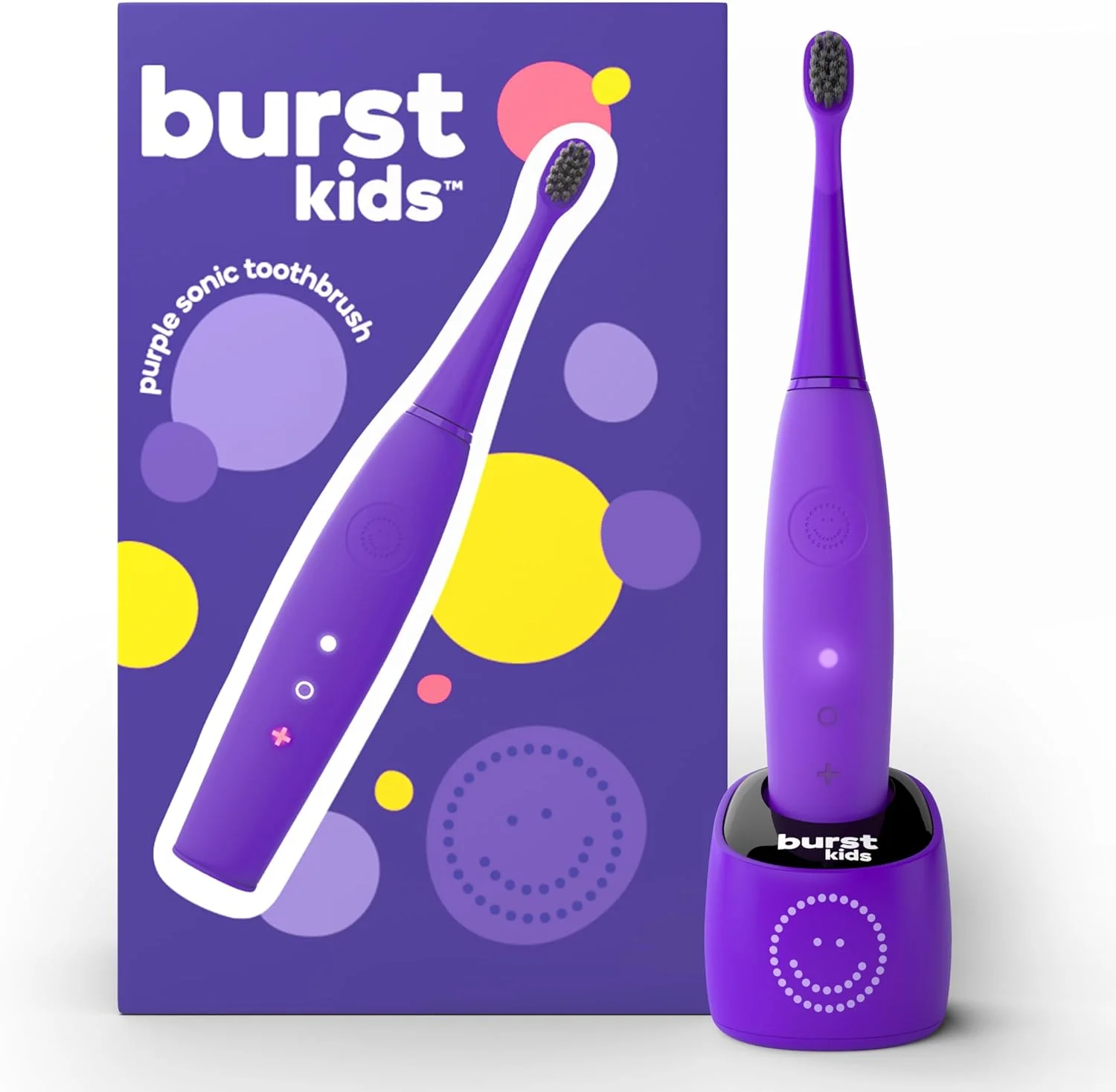 مسواک برقی کودکانه BURSTkids با برس های نرم ذغالی مشکی، سر کوچک و دستگیره راحت، تایمر 2 دقیقه ای داخلی، برای کودکان 2 سال به بالا، مسواک کودکان برای لبخندهای سالم تر، 2 حالت، بنفش