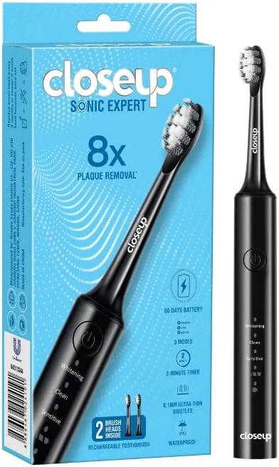 مسواک برقی شارژی مشکی Sonic Expert کلوزآپ، ضد آب، با قدرت 8 برابر حذف پلاک، سفید کننده و تمیز کننده، مناسب برای دندان های حساس، 1 عدد