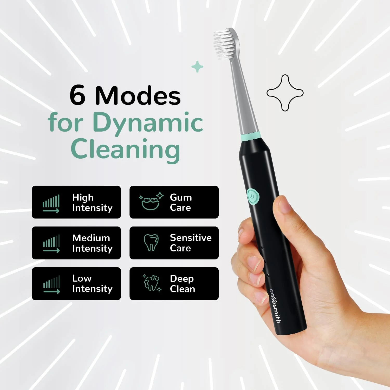 مسواک برقی شارژی بزرگسال CARESMITH Spark | دارای 6 حالت عملکرد | 40000 لرزش در دقیقه | 2 سری برس (مشکی)، بسته 1 عددی مسواک برقی شارژی بزرگسال CARESMITH Spark | دارای 6 حالت عملکرد | 40000 لرزش در دقیقه | 2 سری برس (مشکی)، بسته 1 عددی