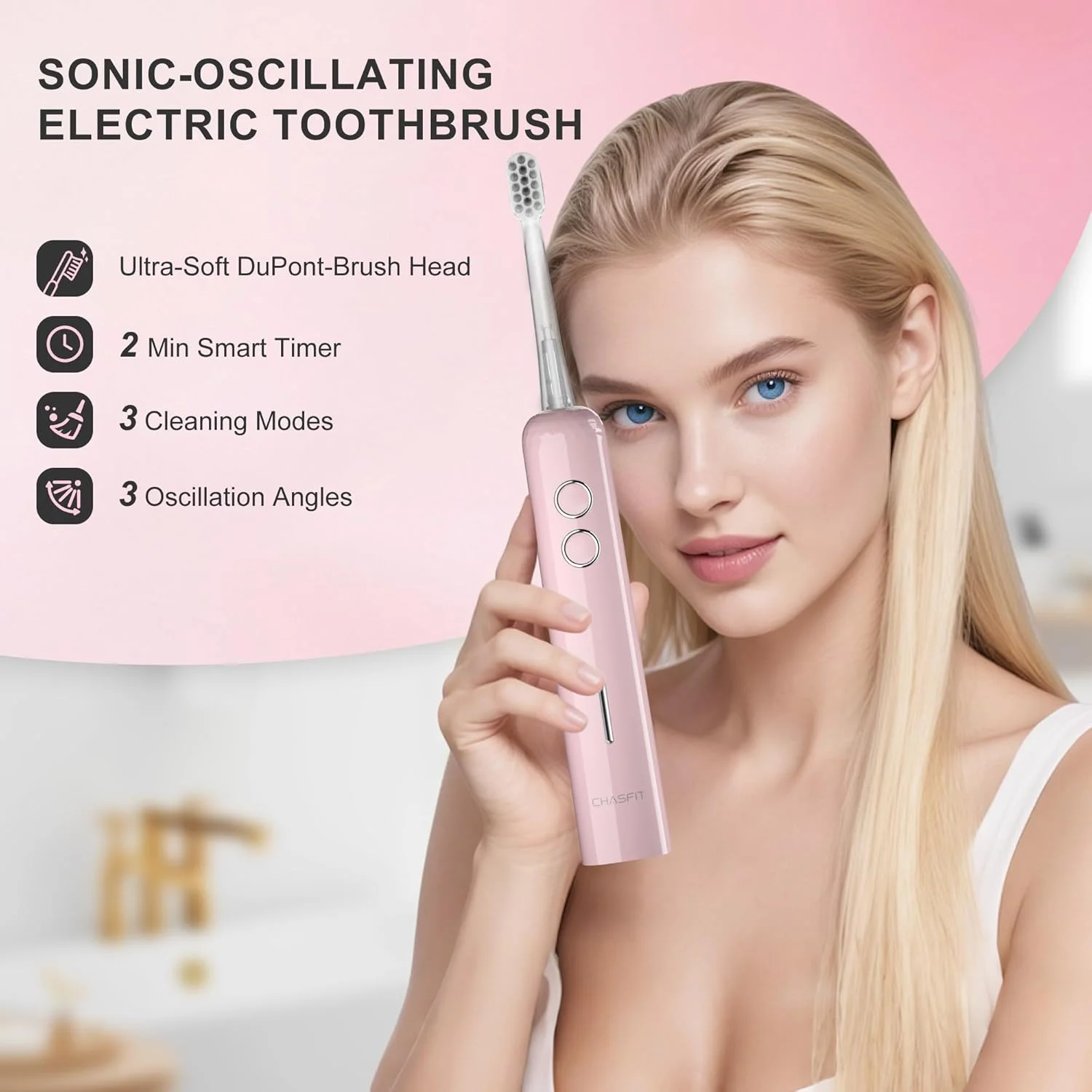 مسواک برقی نوسانی Chasfit BASS-Brushing 60°، قابل شارژ، مناسب بزرگسالان، نوجوانان و مسافرت، دارای برس نرم، از بین برنده 10 برابر پلاک، عمر باتری 110 روزه، 4 سری قابل تعویض، IPX7، صورتی مسواک برقی نوسانی Chasfit BASS-Brushing 60°، قابل شارژ، مناسب بزرگسالان، نوجوانان و مسافرت، دارای برس نرم، از بین برنده 10 برابر پلاک، عمر باتری 110 روزه، 4 سری قابل تعویض، IPX7، صورتی