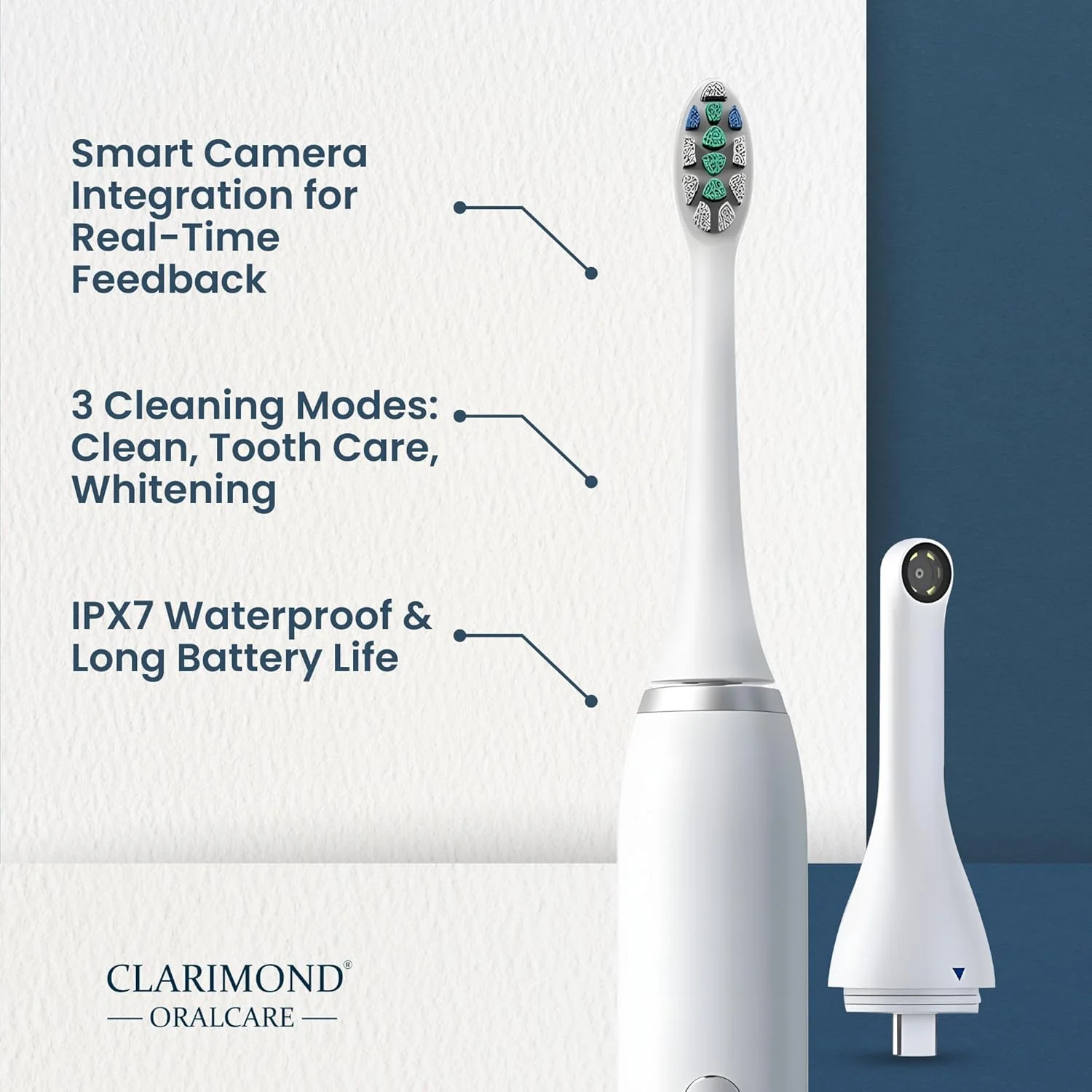 Clarimond White Ultimate Edition Advanced Deep Clean Electric Toothbrush with HD Camera, Type-C Charging, IPX7 Waterproof, Long Battery Life, Smart Timer, Multiple Modes, 3 Dupont Brush Heads Clarimond White Ultimate Edition Advanced Deep Clean Electric Toothbrush with HD Camera, Type-C Charging, IPX7 Waterproof, Long Battery Life, Smart Timer, Multiple Modes, 3 Dupont Brush Heads