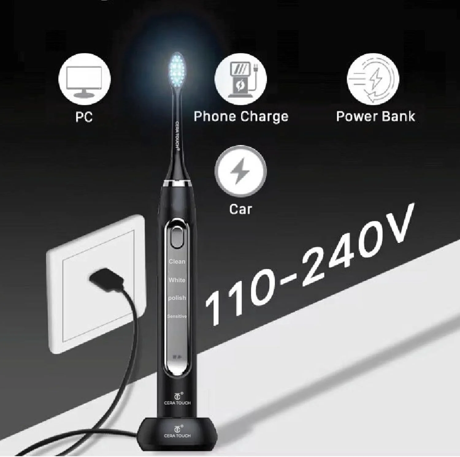 مسواک برقی سفید کننده CERA TOUCH 6 با LED آبی | مسواک برقی برای بزرگسالان | 4 حالت با تایمر هوشمند، حذف پلاک و عملکرد حافظه | 2 سری | ضد آب IPX7 | کیف مسافرتی | شارژر بی سیم مسواک برقی سفید کننده CERA TOUCH 6 با LED آبی | مسواک برقی برای بزرگسالان | 4 حالت با تایمر هوشمند، حذف پلاک و عملکرد حافظه | 2 سری | ضد آب IPX7 | کیف مسافرتی | شارژر بی سیم