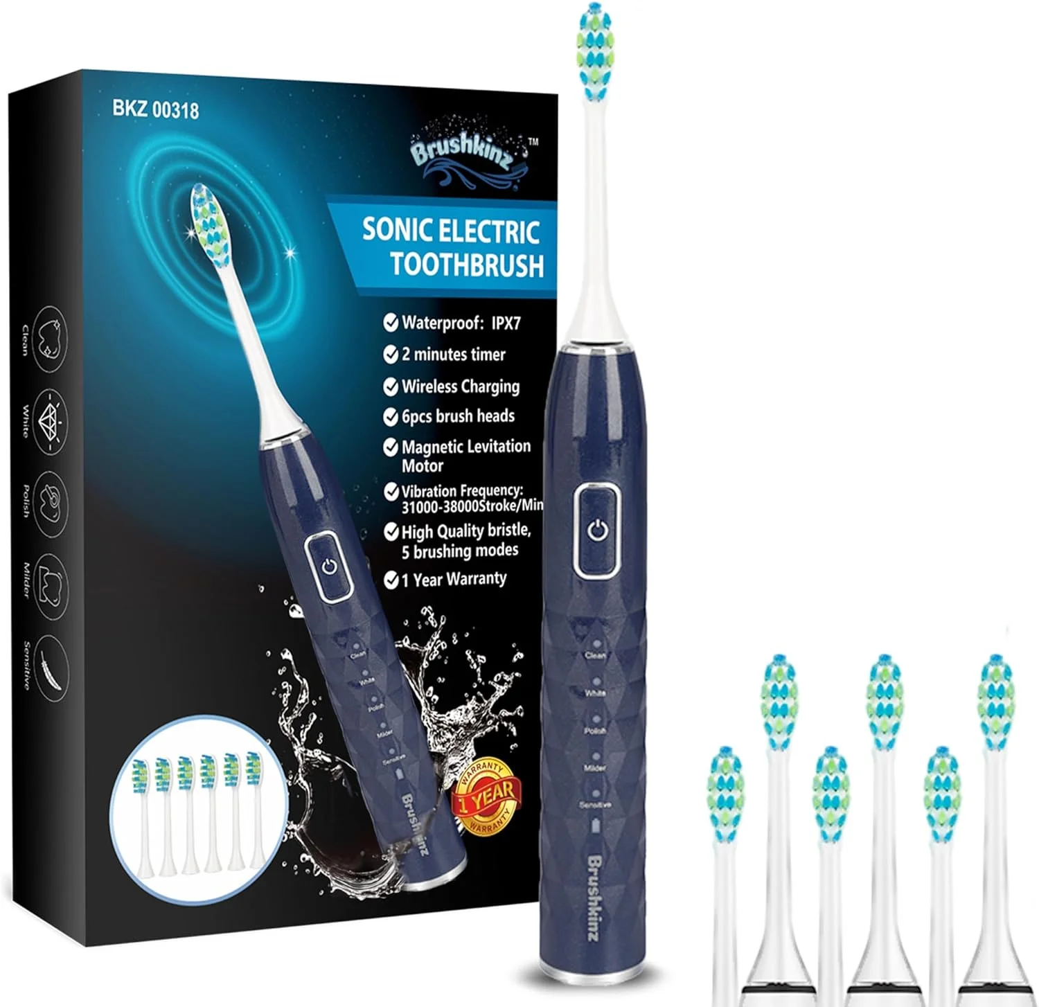 مسواک برقی سونیک Brushkinz آبی سرمه ای - 5 حالت با تایمر هوشمند - مسواک شارژی بی سیم با برس نرم برای بزرگسالان - مسواک برقی ویبره ای برای مراقبت از دهان و دندان - ماندگاری 60 روز