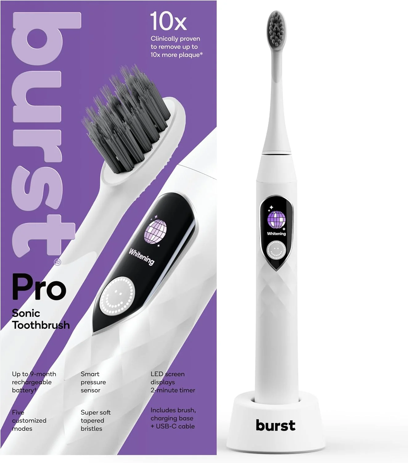 مسواک برقی صوتی بزرگسالان مدل Burst Pro - مسواک با برس نرم برای تمیز کردن عمیق و از بین بردن پلاک - باتری قابل شارژ تا 9 ماه، حسگر فشار هوشمند، 5 حالت مسواک صوتی - سفید