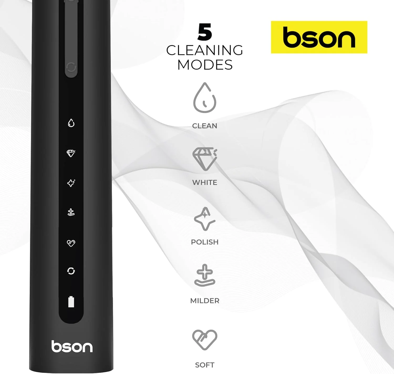 مسواک برقی سونیک بزرگسال Bson - سفید کنندگی 9 برابر بهتر، باتری 30 روزه، 40000 دور در دقیقه، ضد آب IPX7، حالت های تمیز کردن چندگانه، حذف عمیق پلاک، قابل شارژ USB مسواک برقی سونیک بزرگسال Bson - سفید کنندگی 9 برابر بهتر، باتری 30 روزه، 40000 دور در دقیقه، ضد آب IPX7، حالت های تمیز کردن چندگانه، حذف عمیق پلاک، قابل شارژ USB