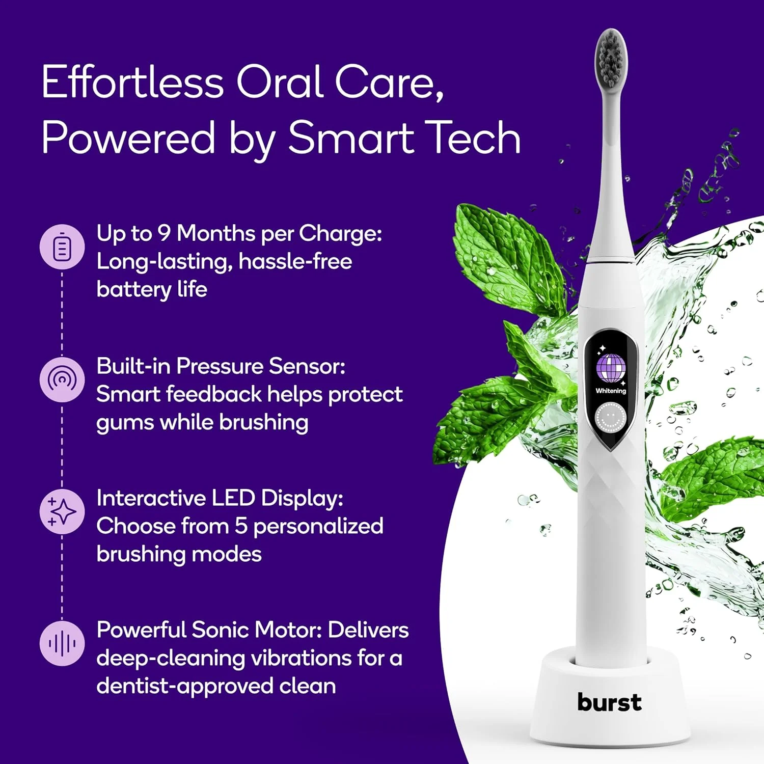 مسواک برقی صوتی بزرگسالان مدل Burst Pro - مسواک با برس نرم برای تمیز کردن عمیق و از بین بردن پلاک - باتری قابل شارژ تا 9 ماه، حسگر فشار هوشمند، 5 حالت مسواک صوتی - سفید مسواک برقی صوتی بزرگسالان مدل Burst Pro - مسواک با برس نرم برای تمیز کردن عمیق و از بین بردن پلاک - باتری قابل شارژ تا 9 ماه، حسگر فشار هوشمند، 5 حالت مسواک صوتی - سفید