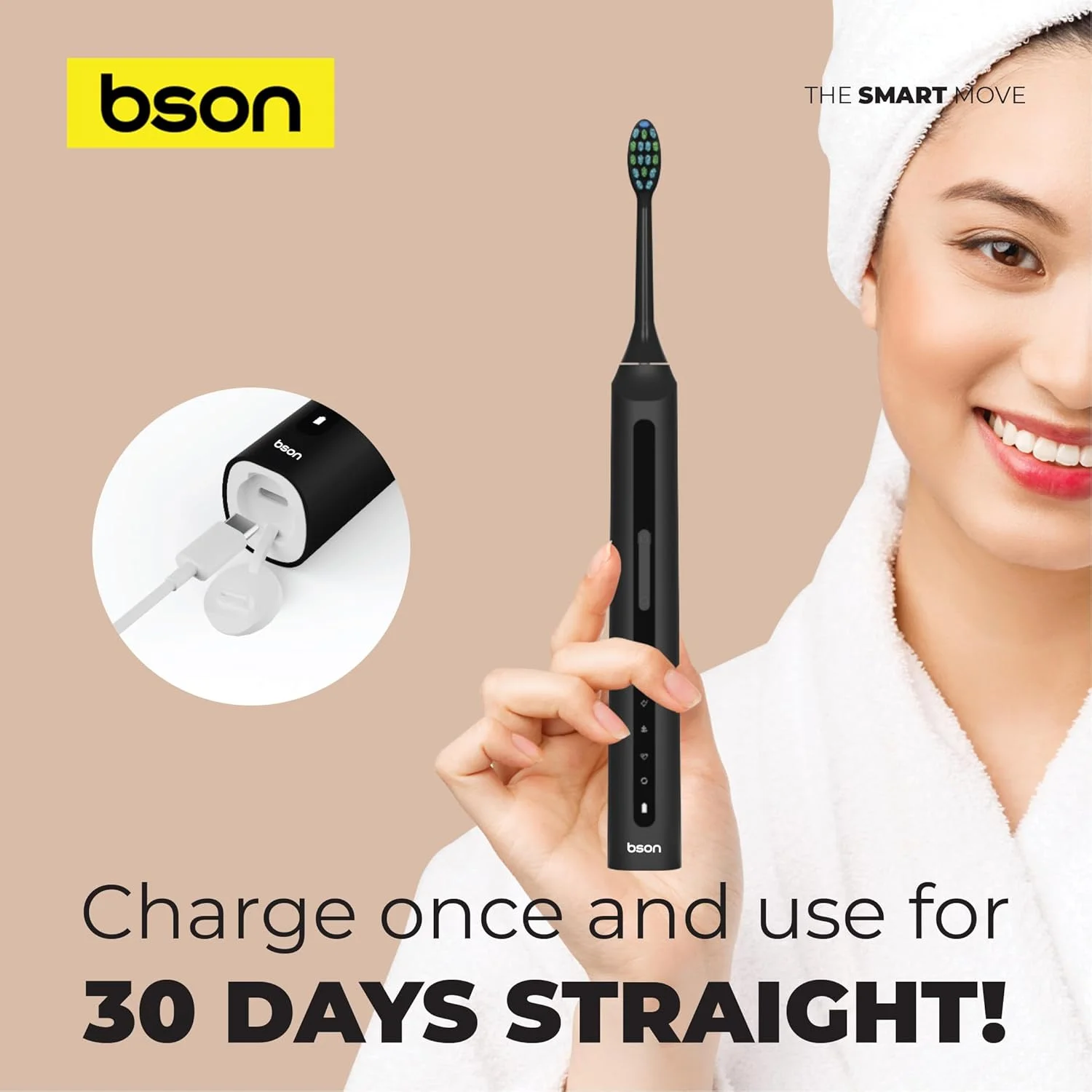 مسواک برقی سونیک بزرگسال Bson - سفید کنندگی 9 برابر بهتر، باتری 30 روزه، 40000 دور در دقیقه، ضد آب IPX7، حالت های تمیز کردن چندگانه، حذف عمیق پلاک، قابل شارژ USB مسواک برقی سونیک بزرگسال Bson - سفید کنندگی 9 برابر بهتر، باتری 30 روزه، 40000 دور در دقیقه، ضد آب IPX7، حالت های تمیز کردن چندگانه، حذف عمیق پلاک، قابل شارژ USB
