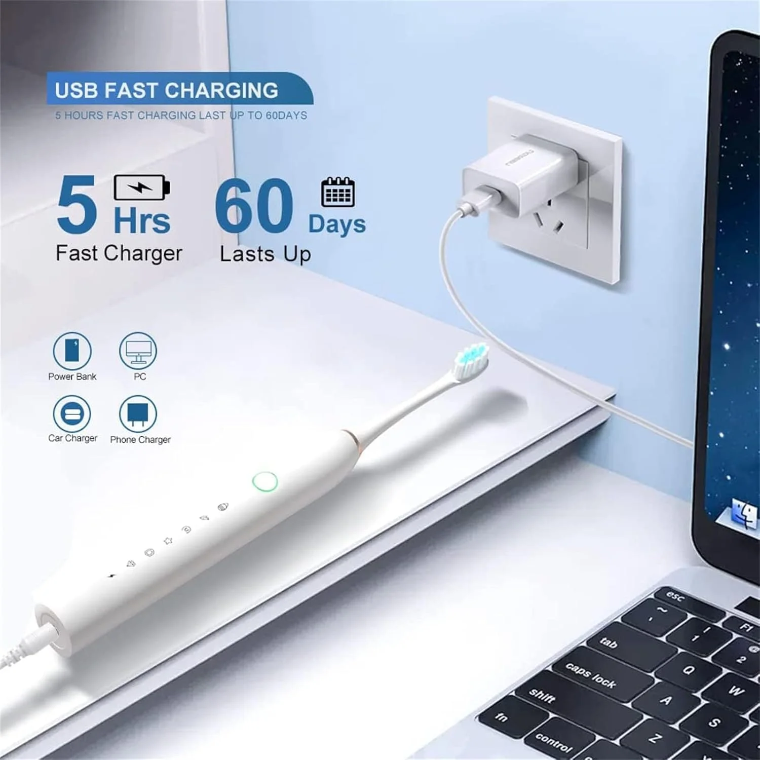 مسواک برقی صوتی Aputue، مسواک قابل شارژ با 6 حالت تمیز کردن، مسواک برقی سفید کننده برای بزرگسالان و کودکان، ضد آب IPX7 با 8 سر برس