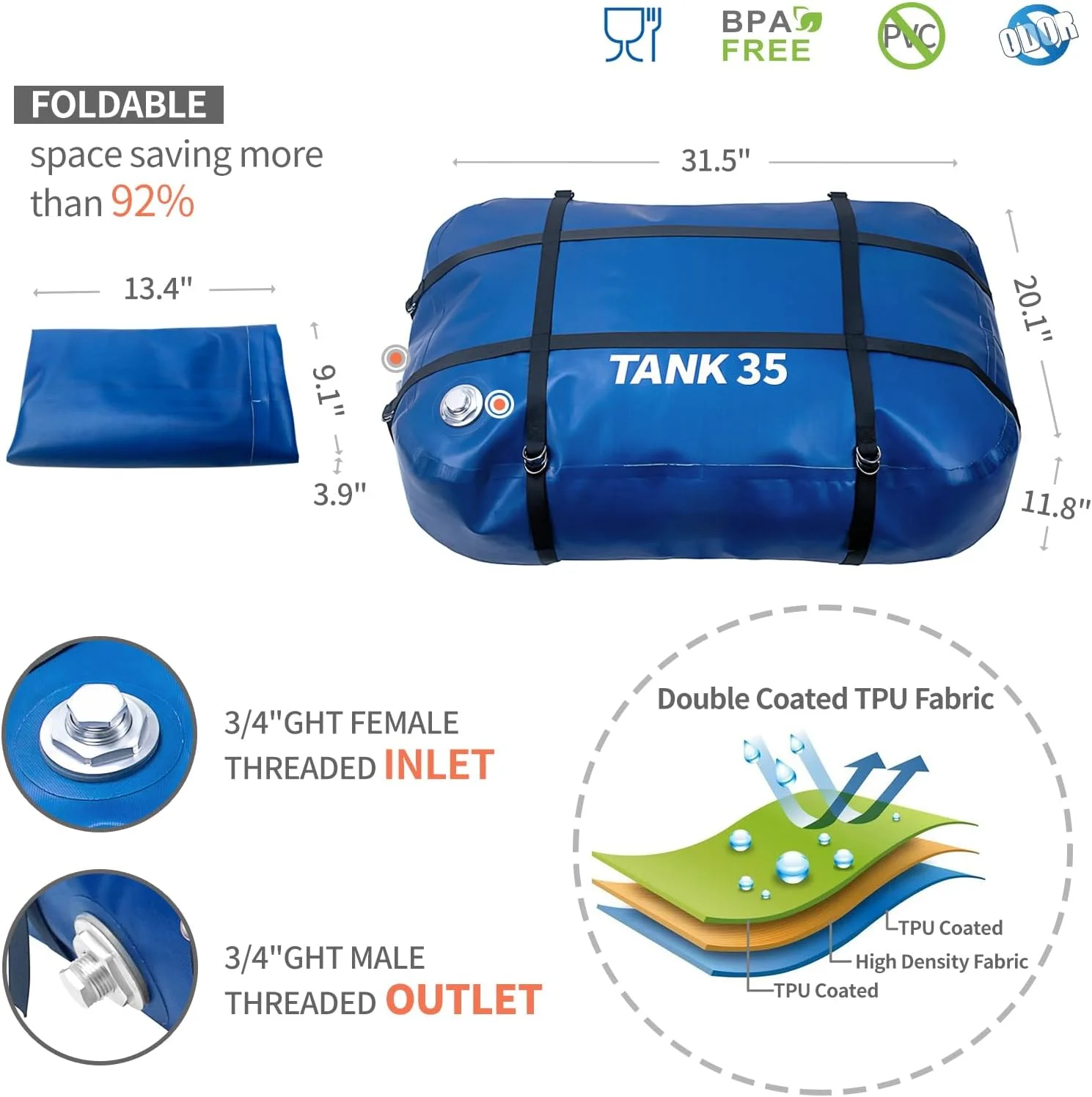 مخزن آب TPU، مخزن آب شیرین قابل حمل 132 لیتری مناسب RV، ظرف تاشو و انعطاف پذیر بدون BPA با گرید غذایی برای نوشیدن، کمپینگ، آبیاری و مواقع اضطراری - طوفان، خشکسالی، آتش سوزی (اتصال 3/4 اینچی GHT)