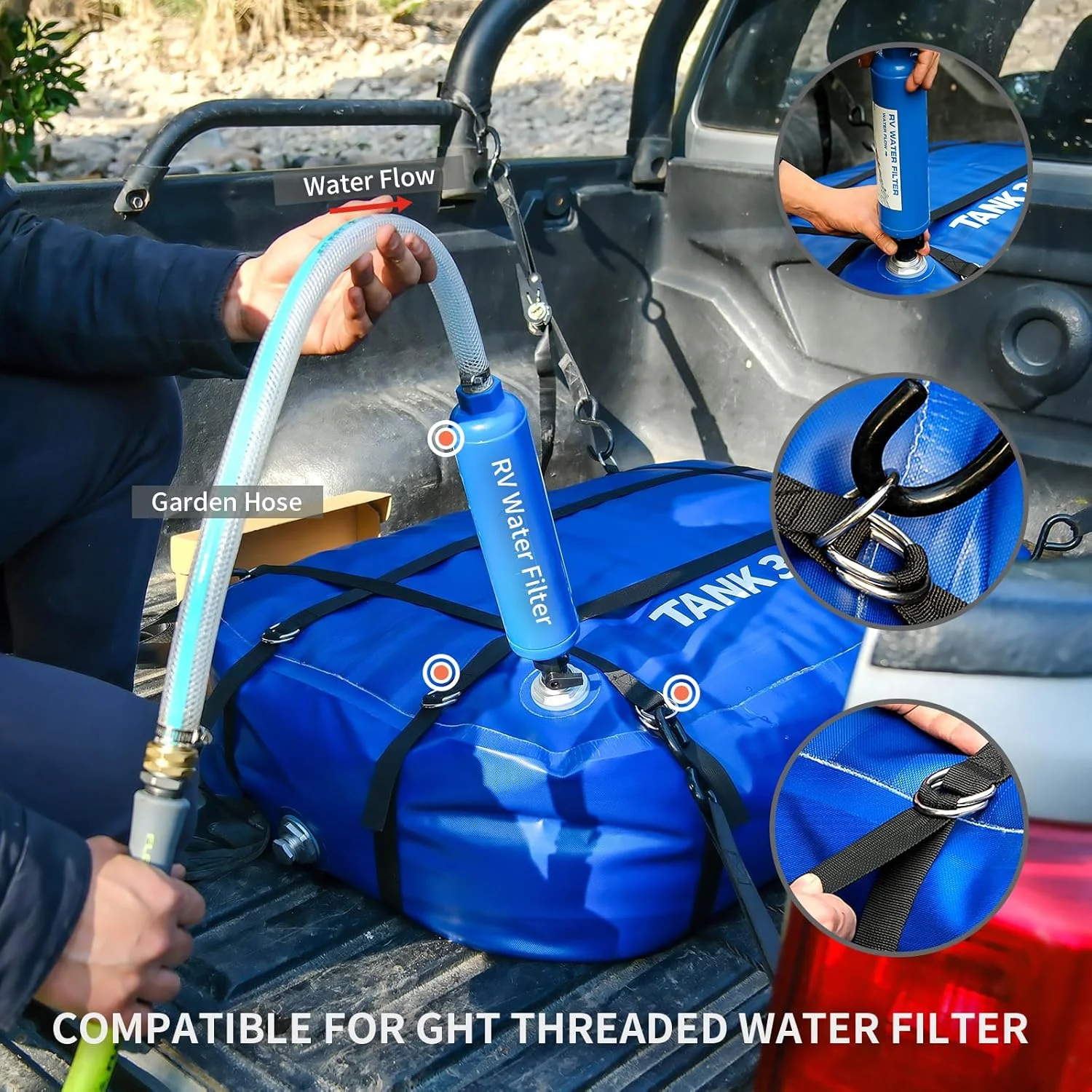 مخزن آب TPU، مخزن آب شیرین قابل حمل 132 لیتری مناسب RV، ظرف تاشو و انعطاف پذیر بدون BPA با گرید غذایی برای نوشیدن، کمپینگ، آبیاری و مواقع اضطراری - طوفان، خشکسالی، آتش سوزی (اتصال 3/4 اینچی GHT)