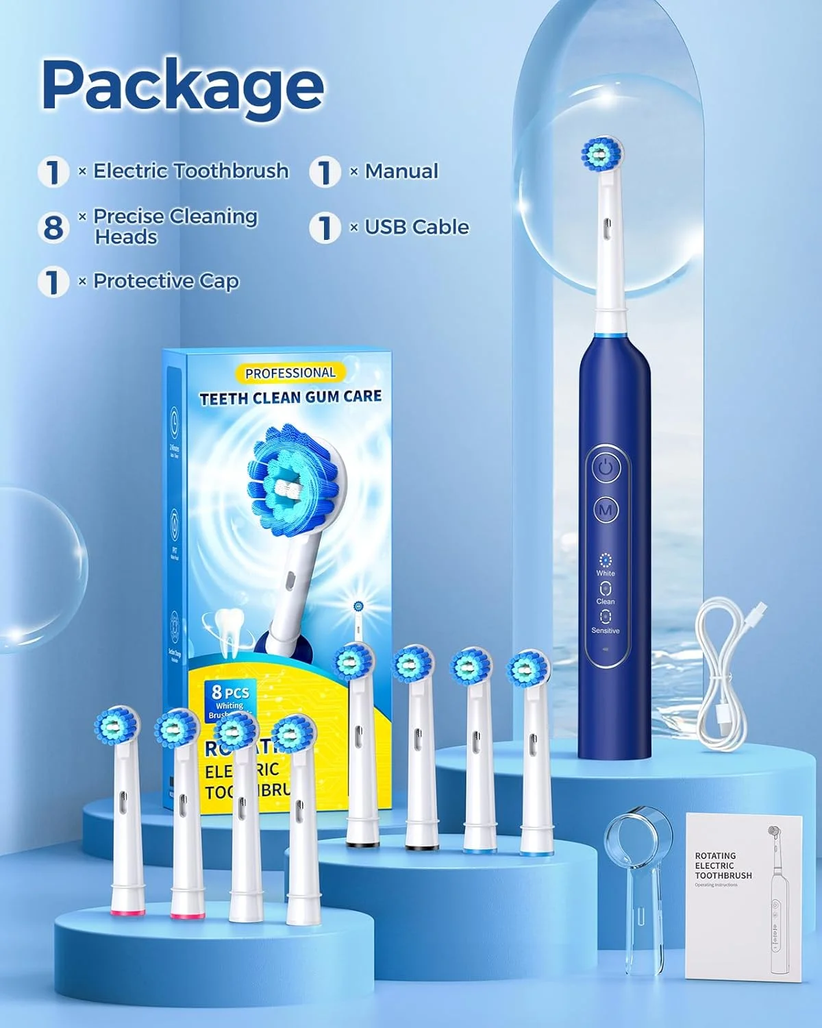 مسواک برقی چرخشی TEETHEORY برای بزرگسالان با 8 سری مسواک، مسواک برقی قابل شارژ با قابلیت پاکسازی عمیق، دارای 4 حالت و تایمر هوشمند 2 دقیقه ای، با ماندگاری 30 روزه و ضد آب IPX7 - آبی مسواک برقی چرخشی TEETHEORY برای بزرگسالان با 8 سری مسواک، مسواک برقی قابل شارژ با قابلیت پاکسازی عمیق، دارای 4 حالت و تایمر هوشمند 2 دقیقه ای، با ماندگاری 30 روزه و ضد آب IPX7 - آبی