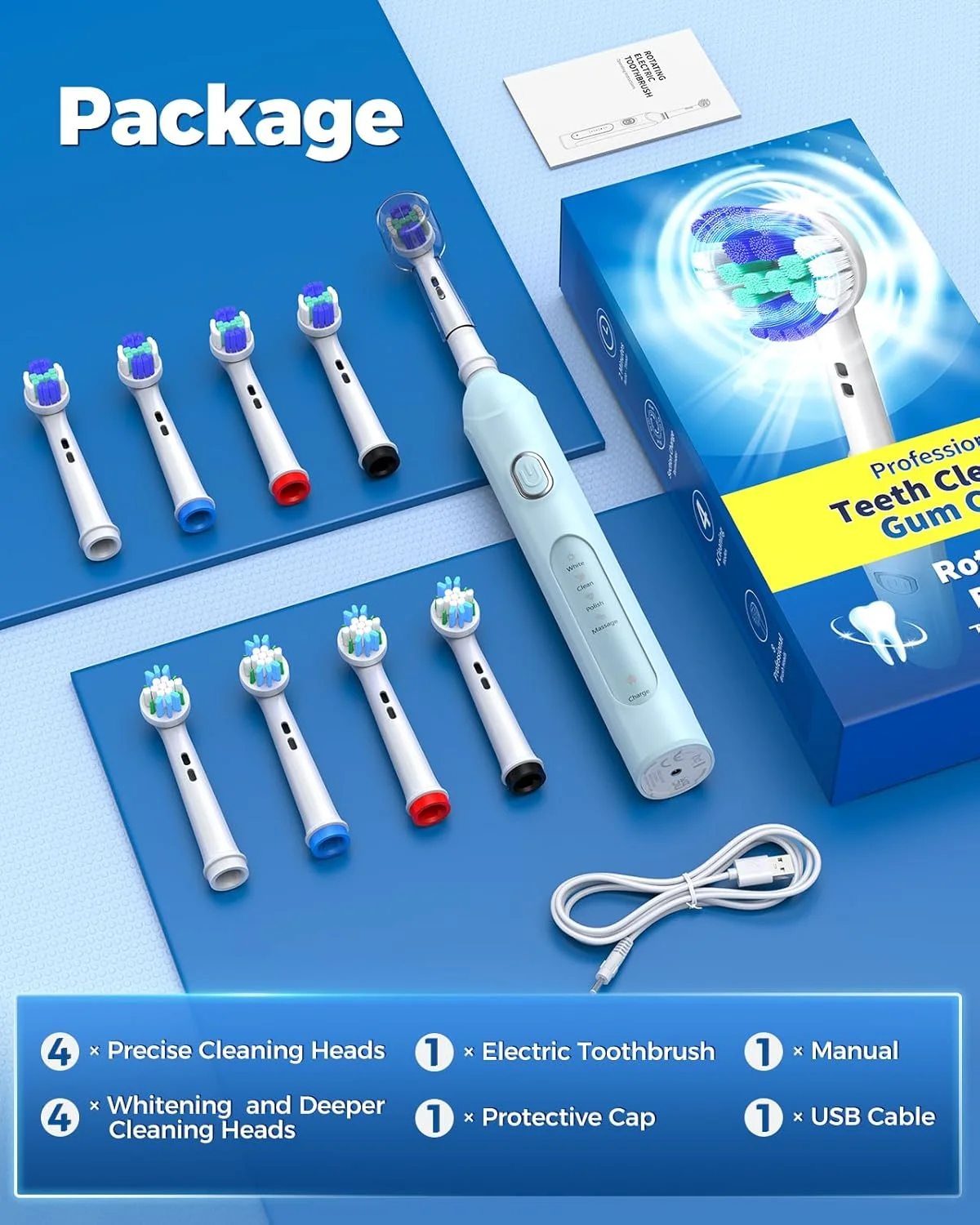 مسواک برقی چرخشی TEETHEORY برای بزرگسالان با 8 سری (2 نوع)، مسواک برقی 4 حالته با قابلیت شارژ و تایمر هوشمند 2 دقیقه ای - آبی آسمانی مسواک برقی چرخشی TEETHEORY برای بزرگسالان با 8 سری (2 نوع)، مسواک برقی 4 حالته با قابلیت شارژ و تایمر هوشمند 2 دقیقه ای - آبی آسمانی