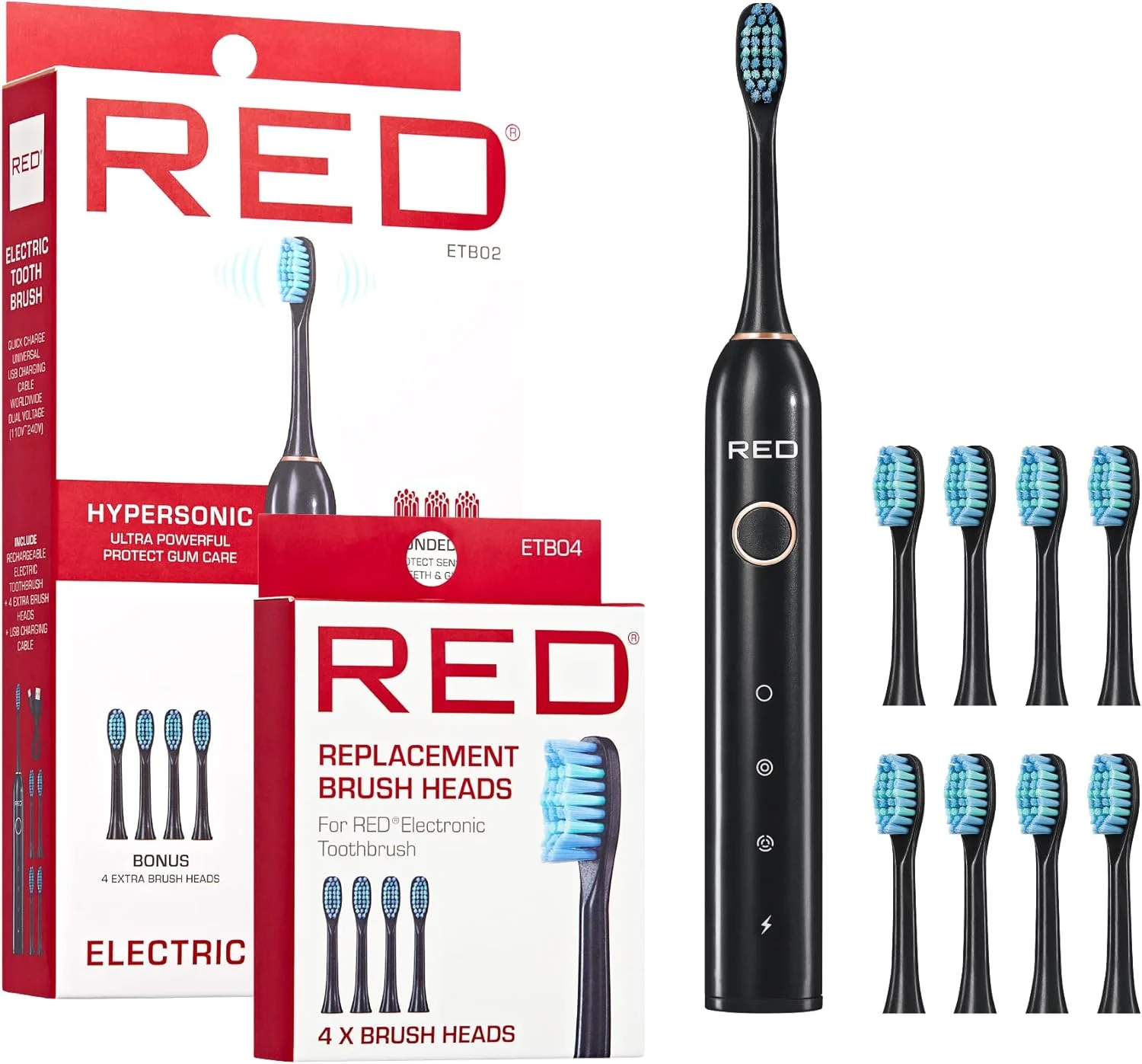 مسواک برقی فوق العاده قدرتمند هایپرسونیک رد بای کیس – 3 حالت تمیز کردن، محافظت از لثه، باتری 75 روزه، شارژ سریع USB-C، ضد آب IP67، به همراه 4 سری برس اضافی (مشکی)