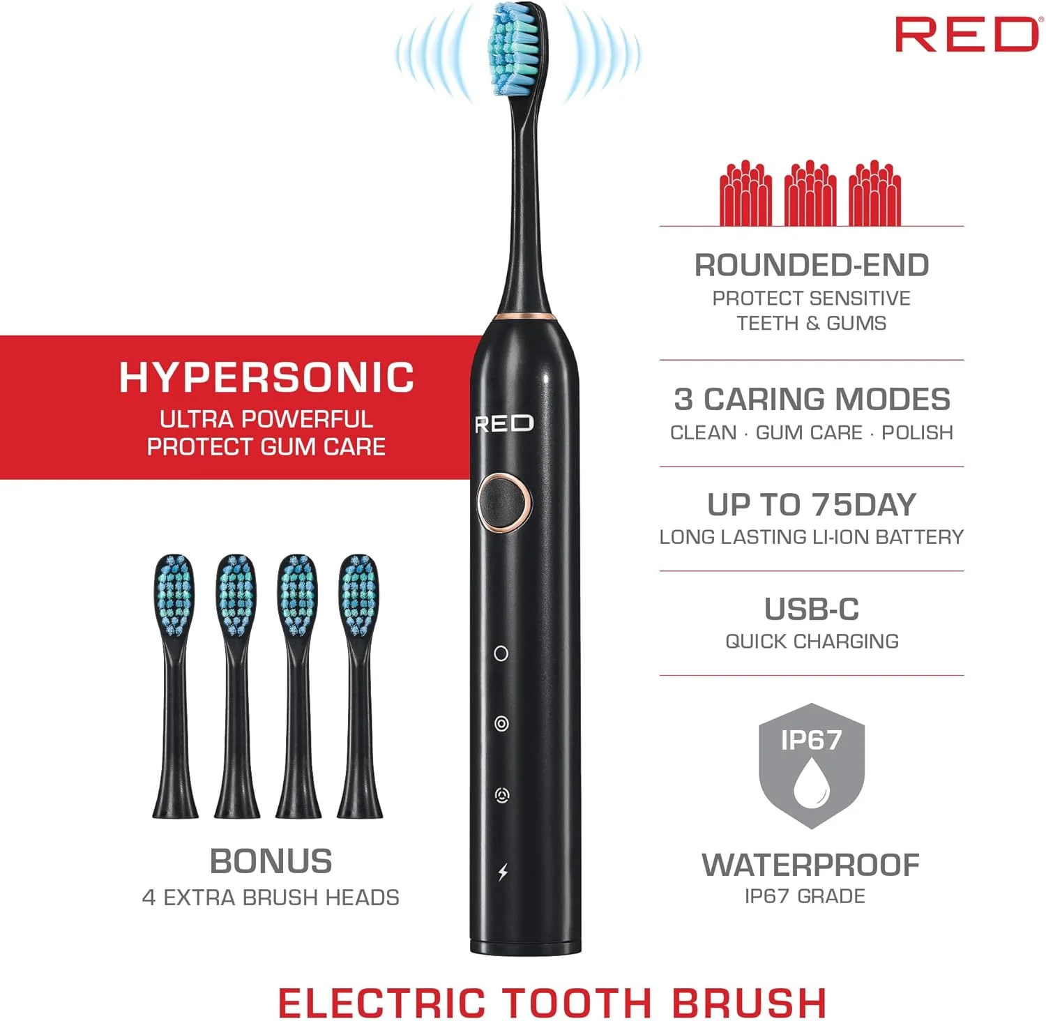 مسواک برقی فوق العاده قدرتمند هایپرسونیک رد بای کیس – 3 حالت تمیز کردن، محافظت از لثه، باتری 75 روزه، شارژ سریع USB-C، ضد آب IP67، به همراه 4 سری برس اضافی (مشکی)