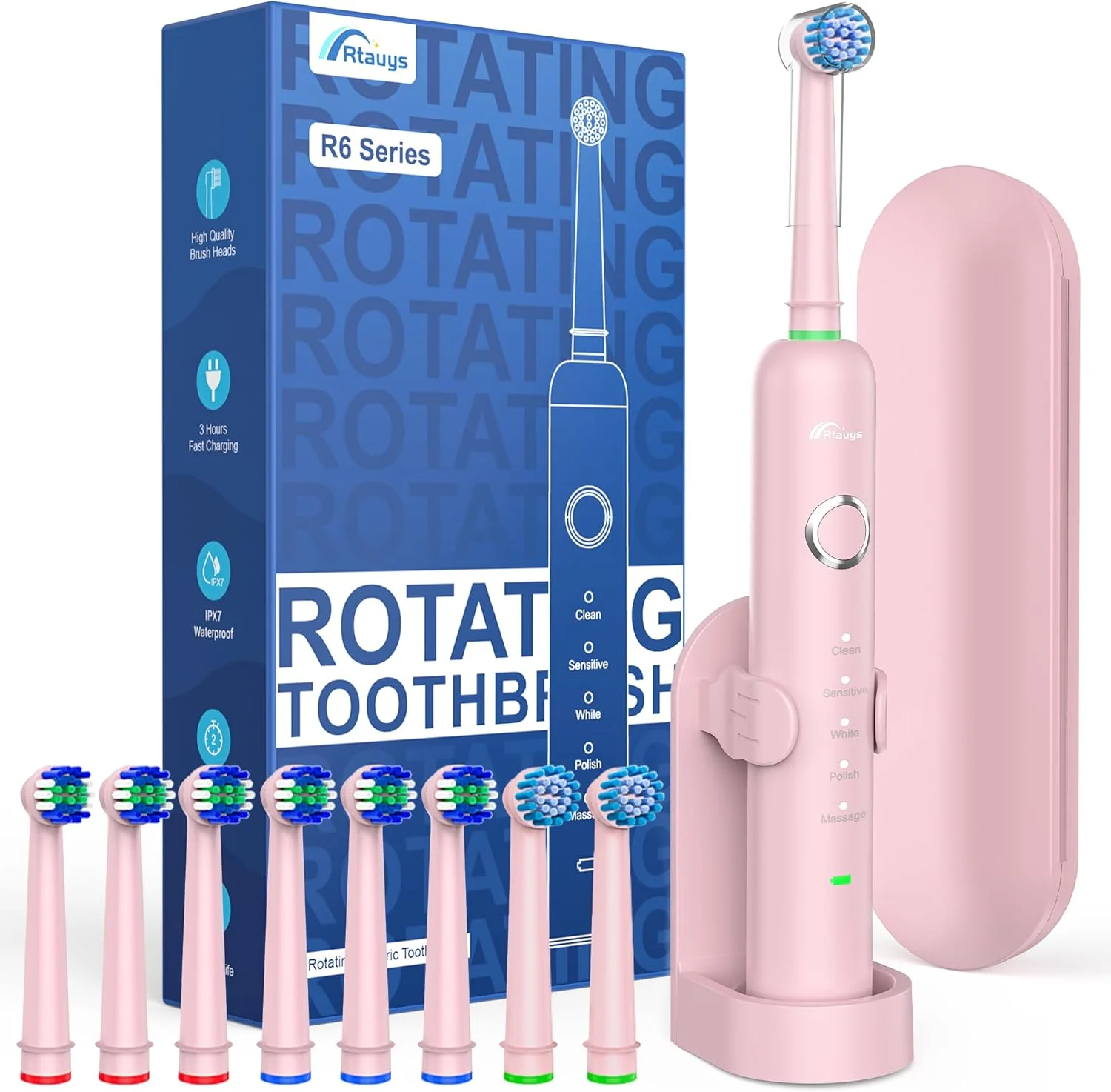مسواک برقی چرخشی Rtauys R6 برای بزرگسالان با 2 سری مسواک، مسواک برقی مسافرتی با جعبه قابل حمل، 2.5 ساعت شارژ برای 45 روز، 5 حالت مسواک قابل شارژ، صورتی مسواک برقی چرخشی Rtauys R6 برای بزرگسالان با 2 سری مسواک، مسواک برقی مسافرتی با جعبه قابل حمل، 2.5 ساعت شارژ برای 45 روز، 5 حالت مسواک قابل شارژ، صورتی