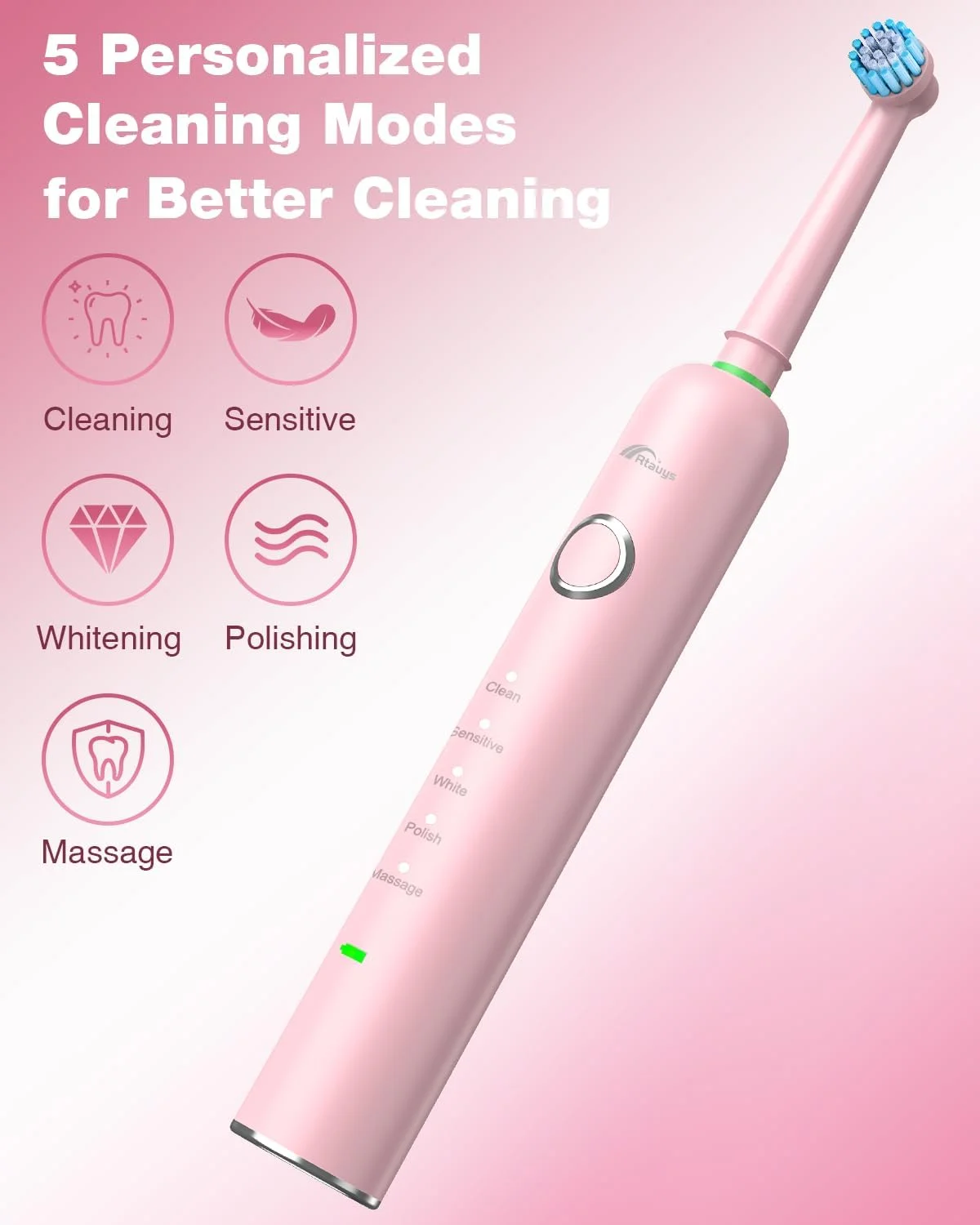 مسواک برقی چرخشی Rtauys R6 برای بزرگسالان با 2 سری مسواک، مسواک برقی مسافرتی با جعبه قابل حمل، 2.5 ساعت شارژ برای 45 روز، 5 حالت مسواک قابل شارژ، صورتی مسواک برقی چرخشی Rtauys R6 برای بزرگسالان با 2 سری مسواک، مسواک برقی مسافرتی با جعبه قابل حمل، 2.5 ساعت شارژ برای 45 روز، 5 حالت مسواک قابل شارژ، صورتی