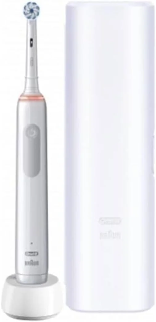 Oral-B PRO 3 3500 Brosse à dents électrique avec 3 modes de brossage et contrôle visuel de la pression à 360° pour soins dentaires, étui de voyage à rayures Gift homme/femme conçu par marron, blanc