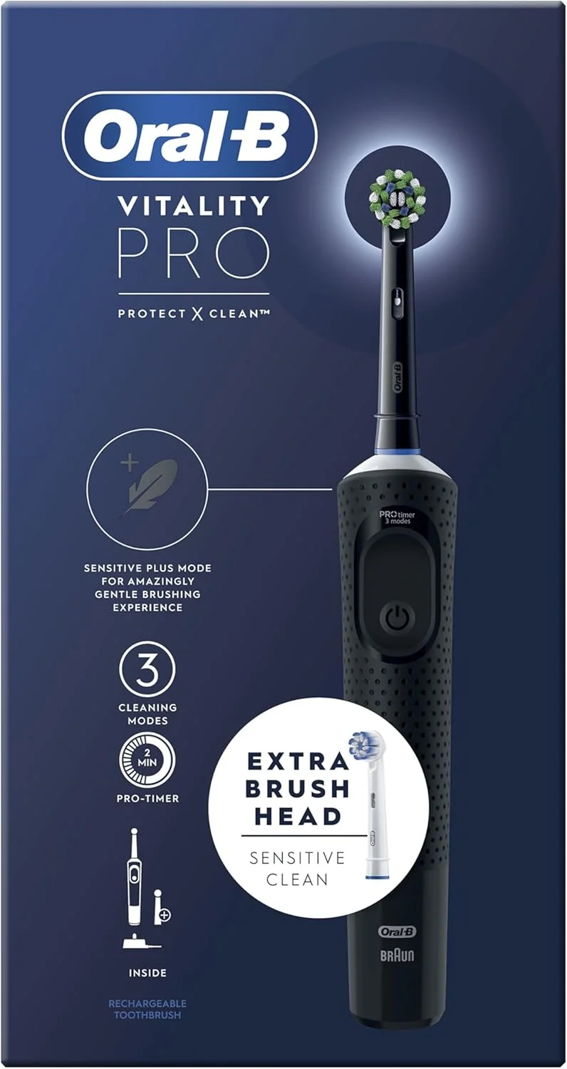 Oral-B Vitality Pro Electric Toothbrush, 1 Handle, 2 Toothbrush Heads, 3 Brushing Modes Including Sensitive Plus, 2 Pin UK Plug, Black